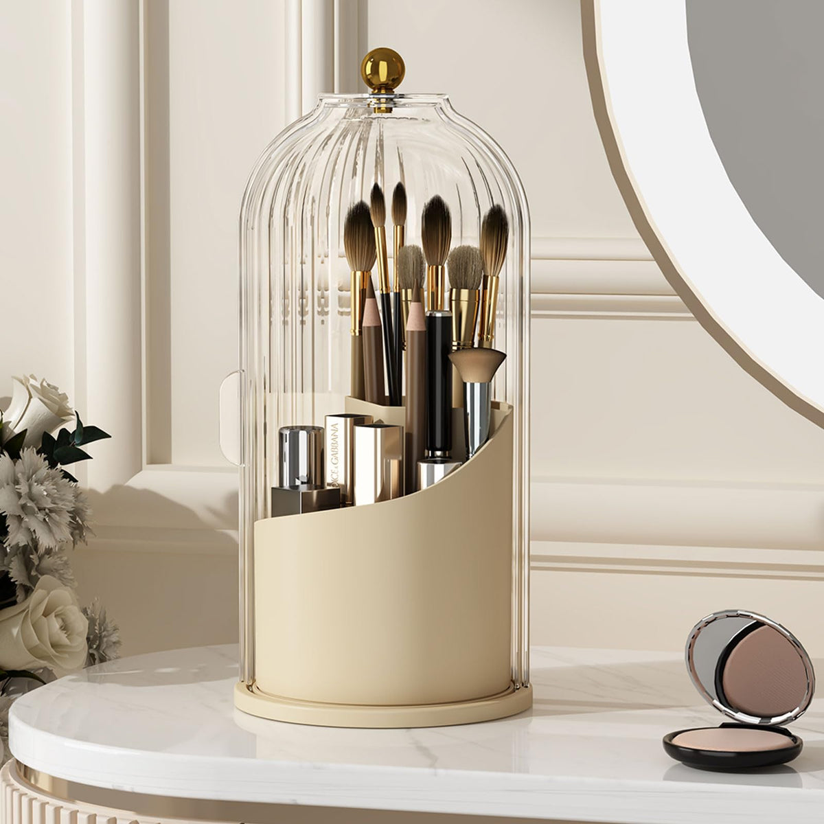 YOOLENS Makeup Brush Holder with Lid 360 Rotating Clear Dustproof Make Up Organizers for Vanity Bathroom Countertop, Transparent