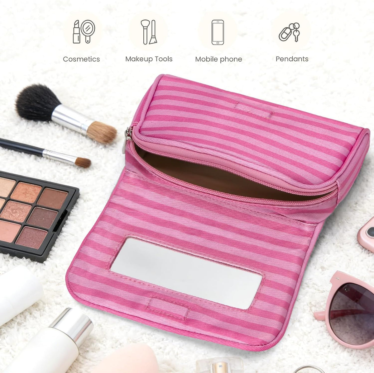 Women’s Cute Nylon Makeup Bag with Built-in Mirror, Protable Lightweight Cosmetic Bag, Trendy Toiletry Bag for Travel (Pink Stripe)
