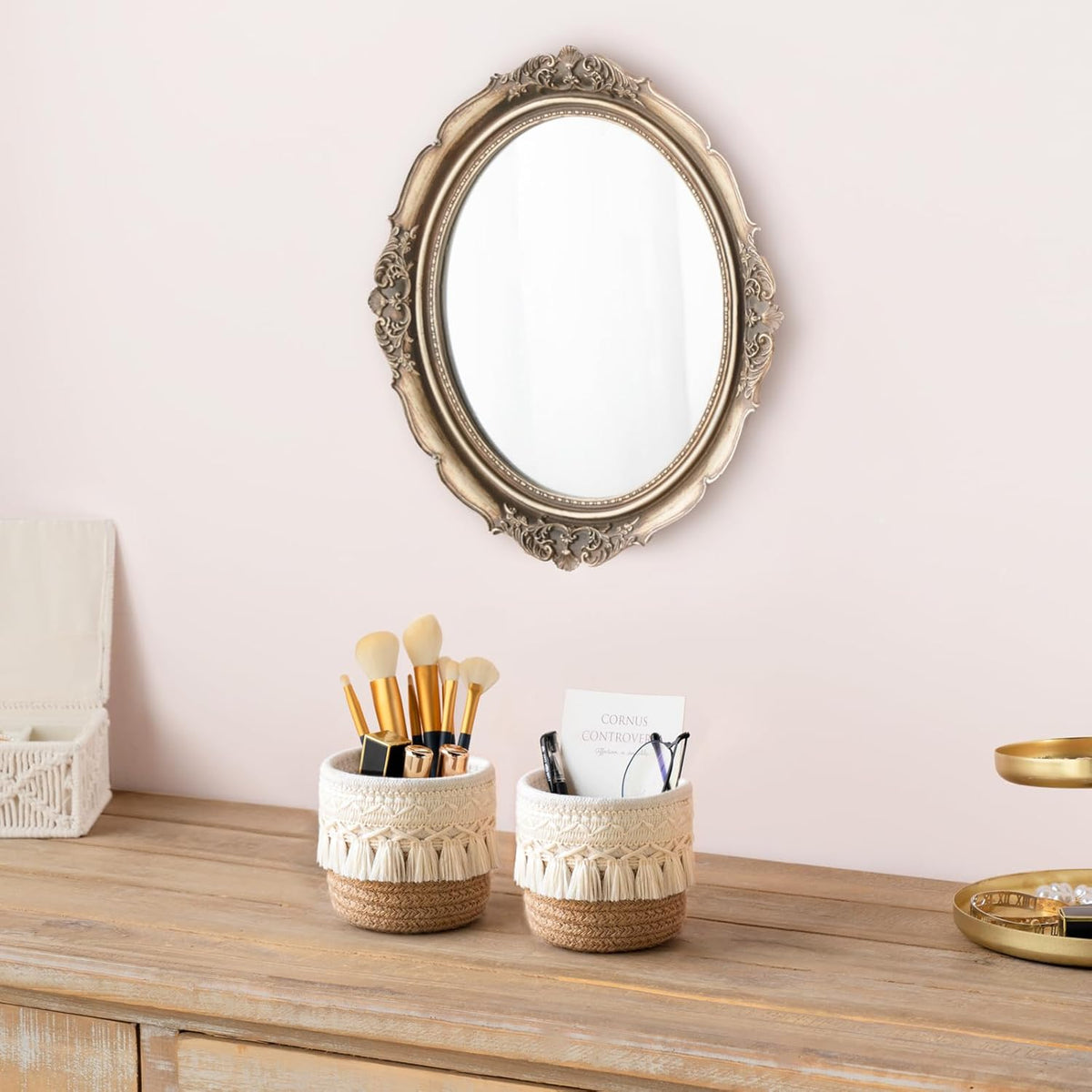 Mkono Macrame Makeup Brush Holder, Boho Mini Storage Basket Set of 2