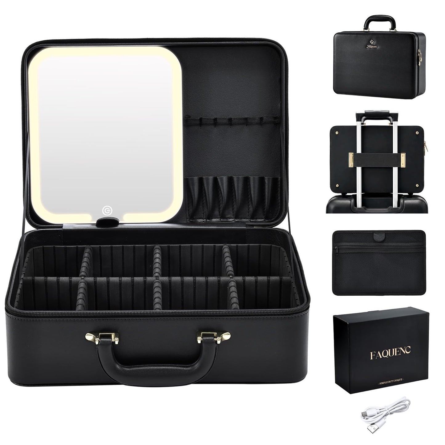 Faquenc Leather Makeup Case with LED Lighted Mirror 11.4 Inch Travel Makeup Bag Adjustable Brightness in 3 Colors Cosmetic Organizer Artist Storage Bag with Dividers Brush Holder Bag Vanity White