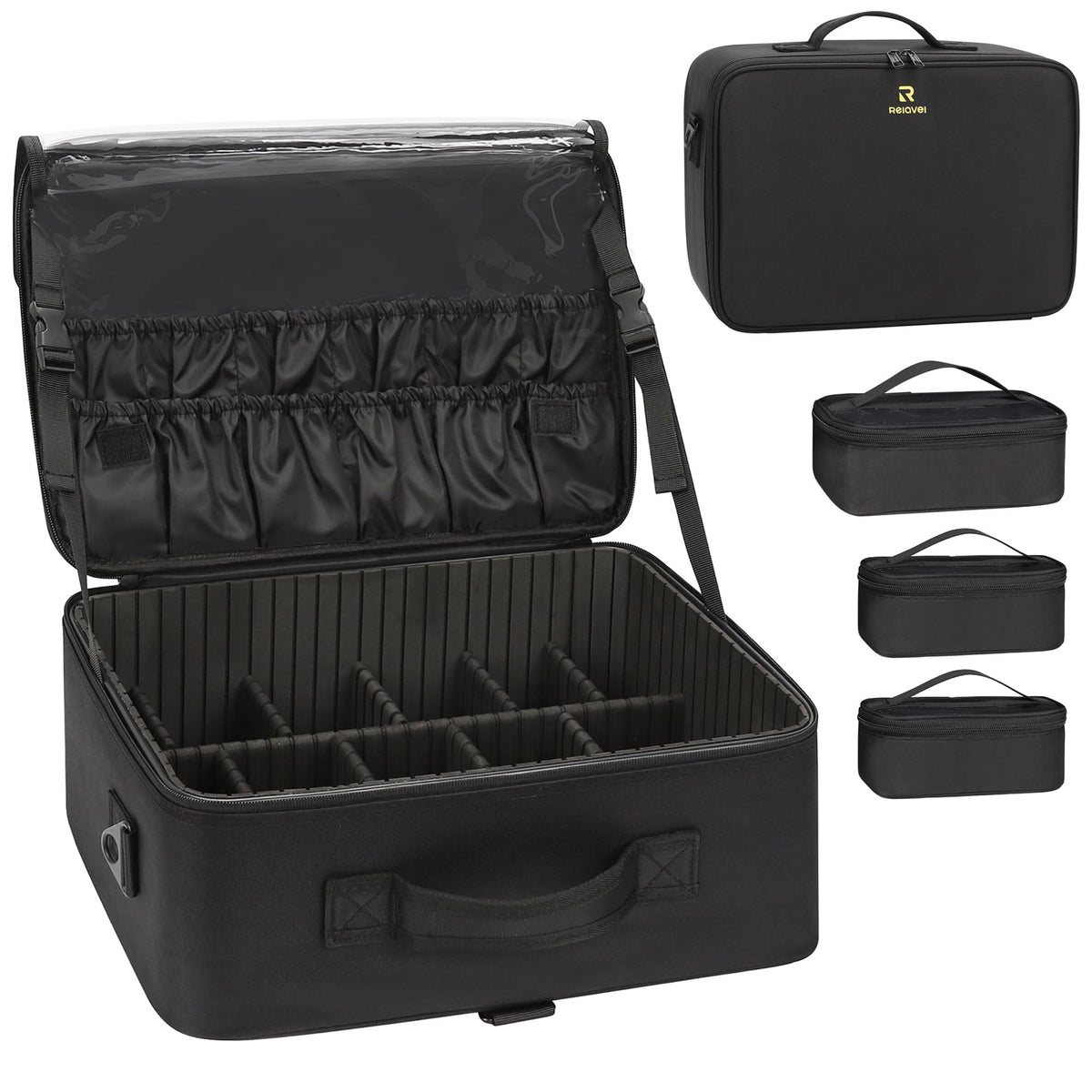 Relavel Extra Large Makeup Case Travel Makeup Train Case Professional Makeup Artist Bag Portable Nail Organizer Box Art Supply Case with Adjustable Dividers/Attach to Trolley/Shoulder Strap (Black)