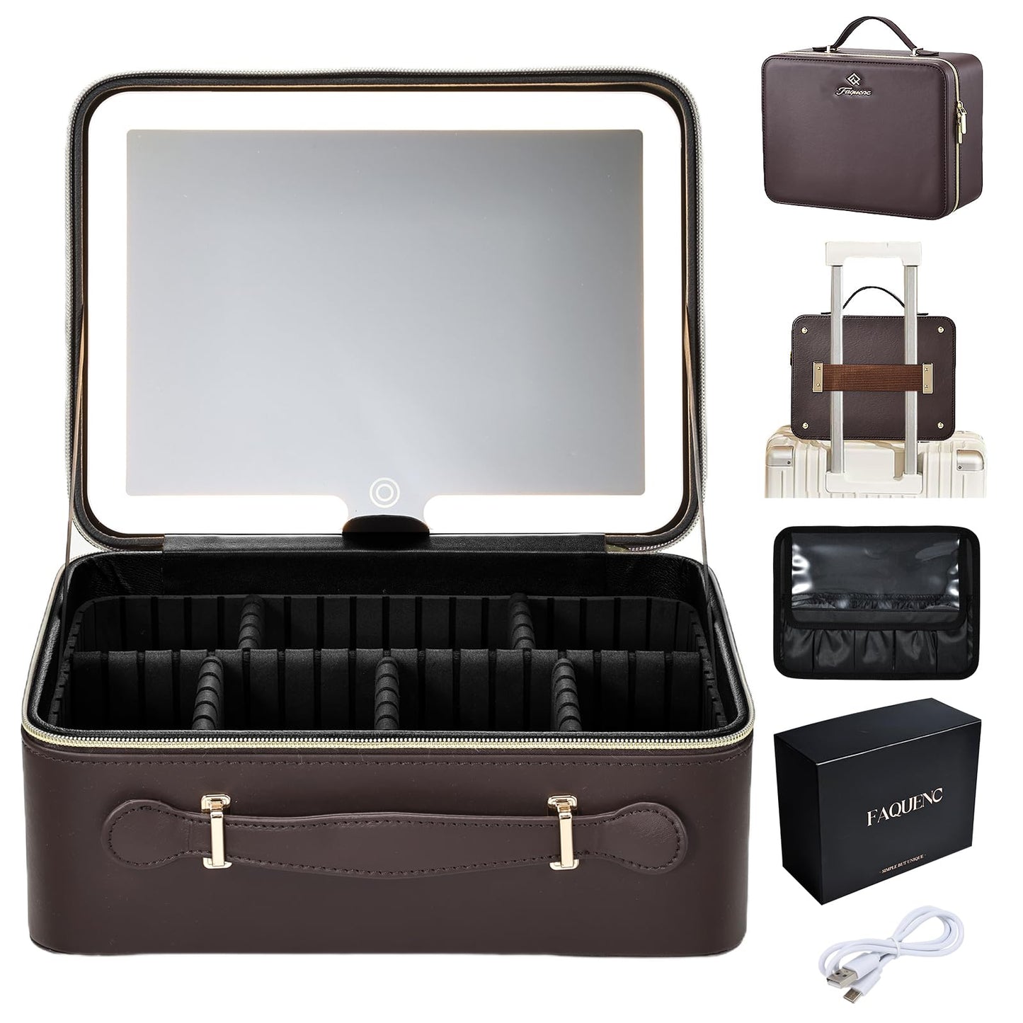 Faquenc Leather Makeup Case with LED Lighted Mirror 11.4 Inch Travel Makeup Bag Adjustable Brightness in 3 Colors Cosmetic Organizer Artist Storage Bag with Dividers Brush Holder Bag Vanity White