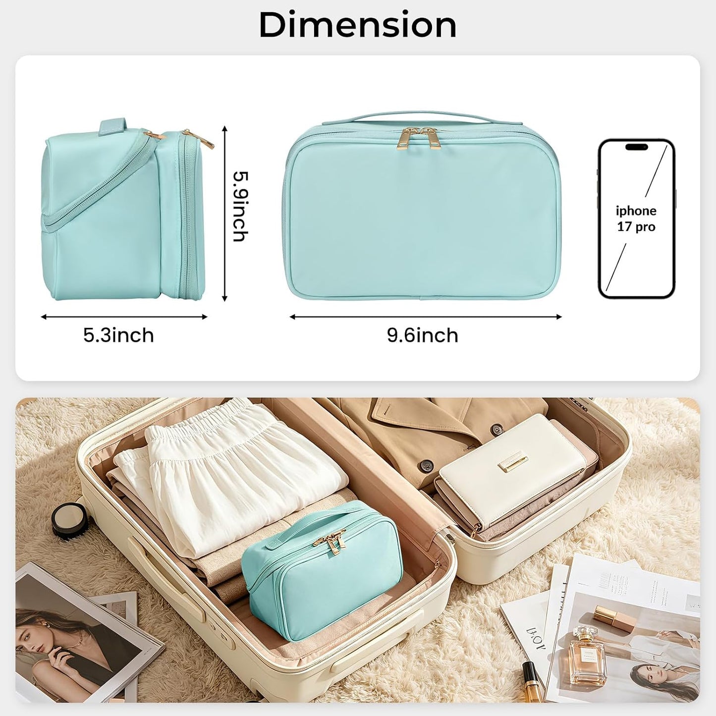 HauteHues Travel Makeup Bag for Women, Large Capacity Cosmetic Organizer & Toiletry Bag with Wide-Open Design, with Brush Holders & Compartments, Waterproof Case for Makeup & Skincare, Blue