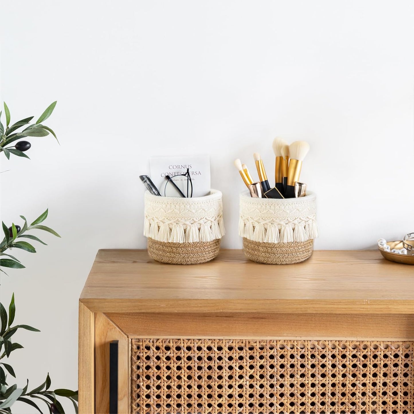 Mkono Macrame Makeup Brush Holder, Boho Mini Storage Basket Set of 2