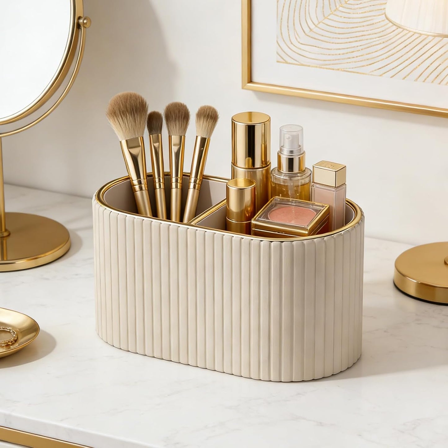 KINGFOM Makeup Brush Holder Organizer with Divider, PU Leather Vanity Brush Holder for Bathroom Countertop & Dressing Table, Cosmetic Desktop Storage Caddy for Makeup Tools Oval, Gift for Women Beige