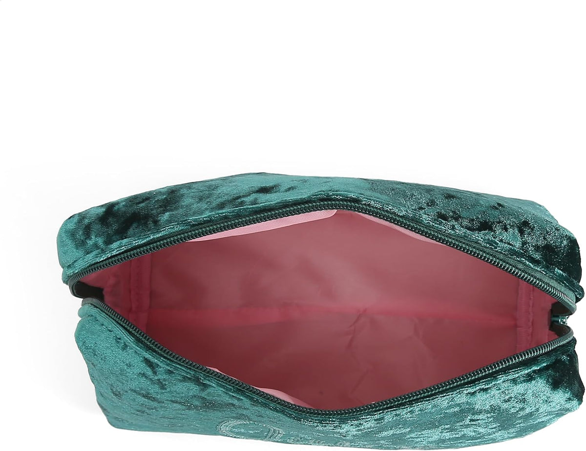 Juicy Couture Green Makeup Bag Cosmetics Organizer Travel Essentials Zip Top Wedge Crushed Velvet Sequin Logo