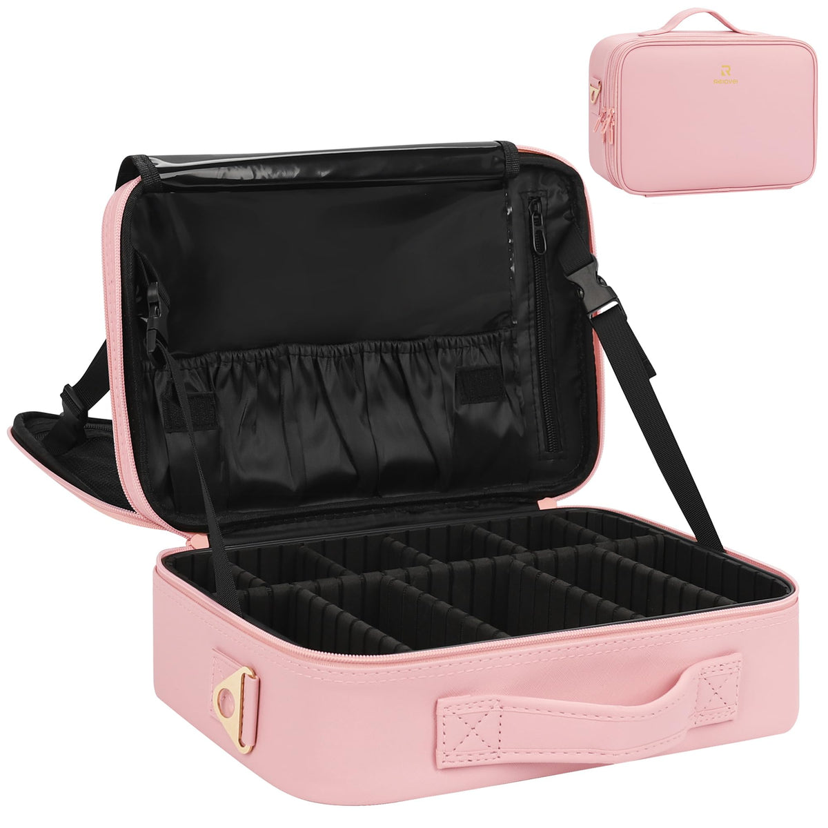 Relavel Makeup Case Large Makeup Bag Professional Train Case 16.5 inches Travel Cosmetic Organizer Brush Holder Waterproof Makeup Artist Storage Box, 3 Layer Large Capacity, with Adjustable Strap