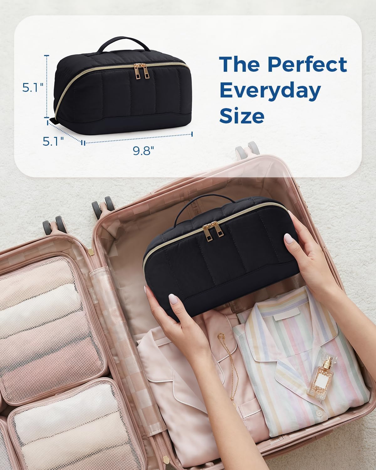 Makeup Bag for Women, Open Flat Puffy Organizer with Wipe-Clean PVC Lining