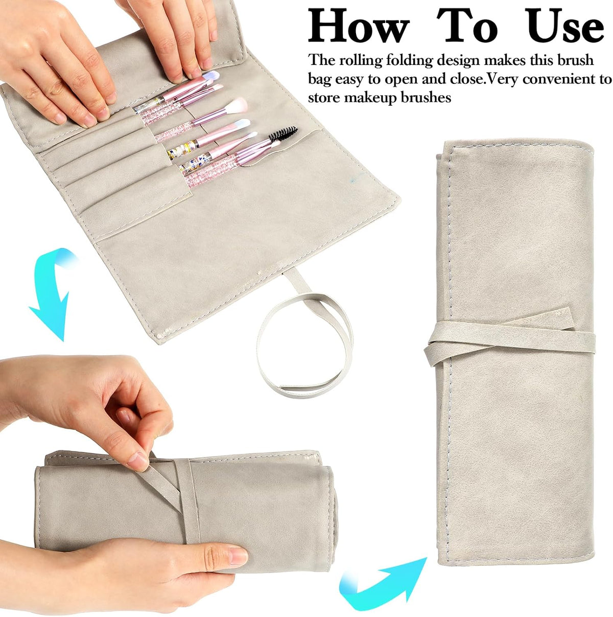 Makeup Brush Organizer Roll-Up PU Leather 14 Slot Travel Makeup Brush Case for Women