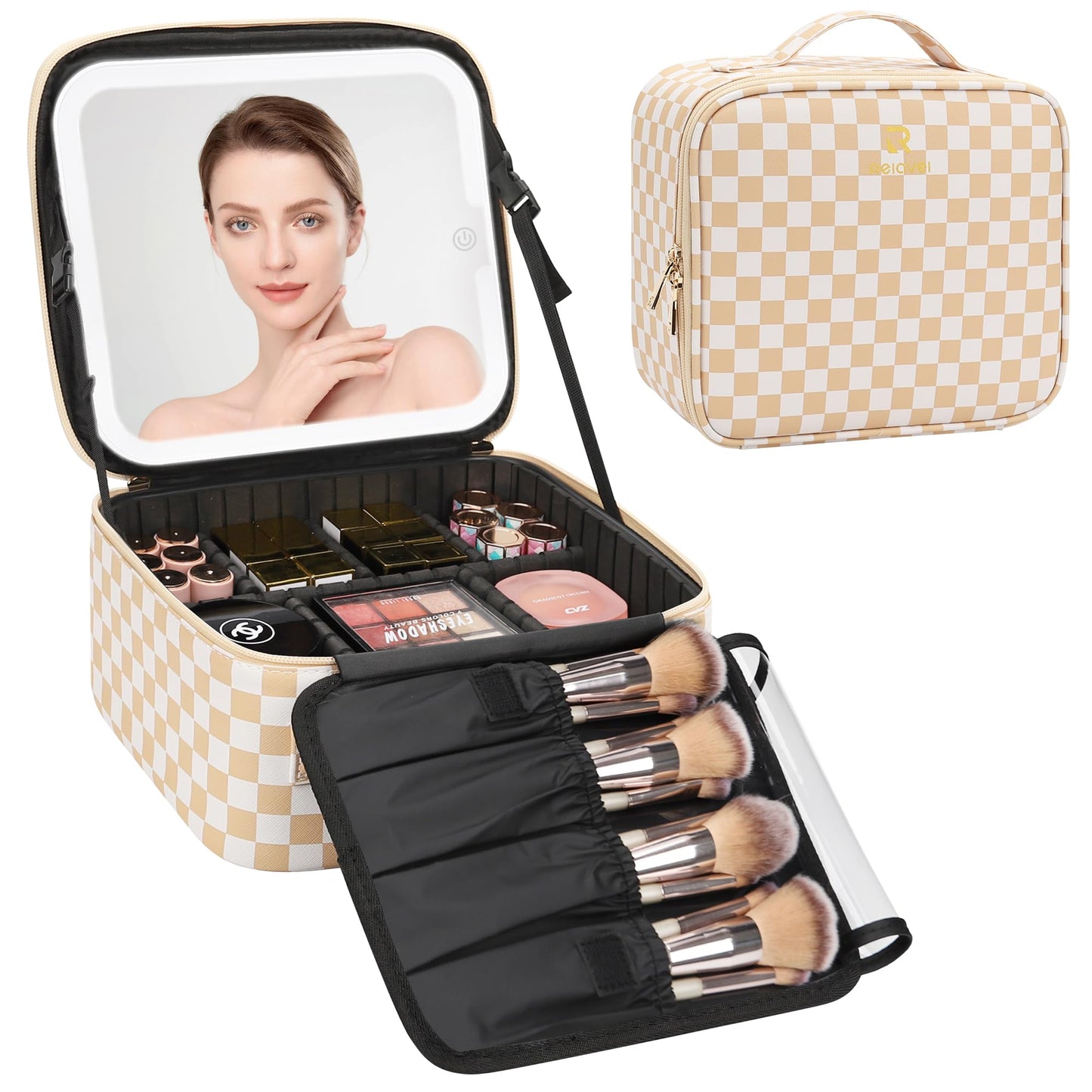 Relavel Travel Makeup Bag With LED Mirror, Cosmetic Train Case with Light up Mirror, Portable Makeup Artist Organizer Bag with Adjustable Dividers, Makeup Brush Holder Storage, Black