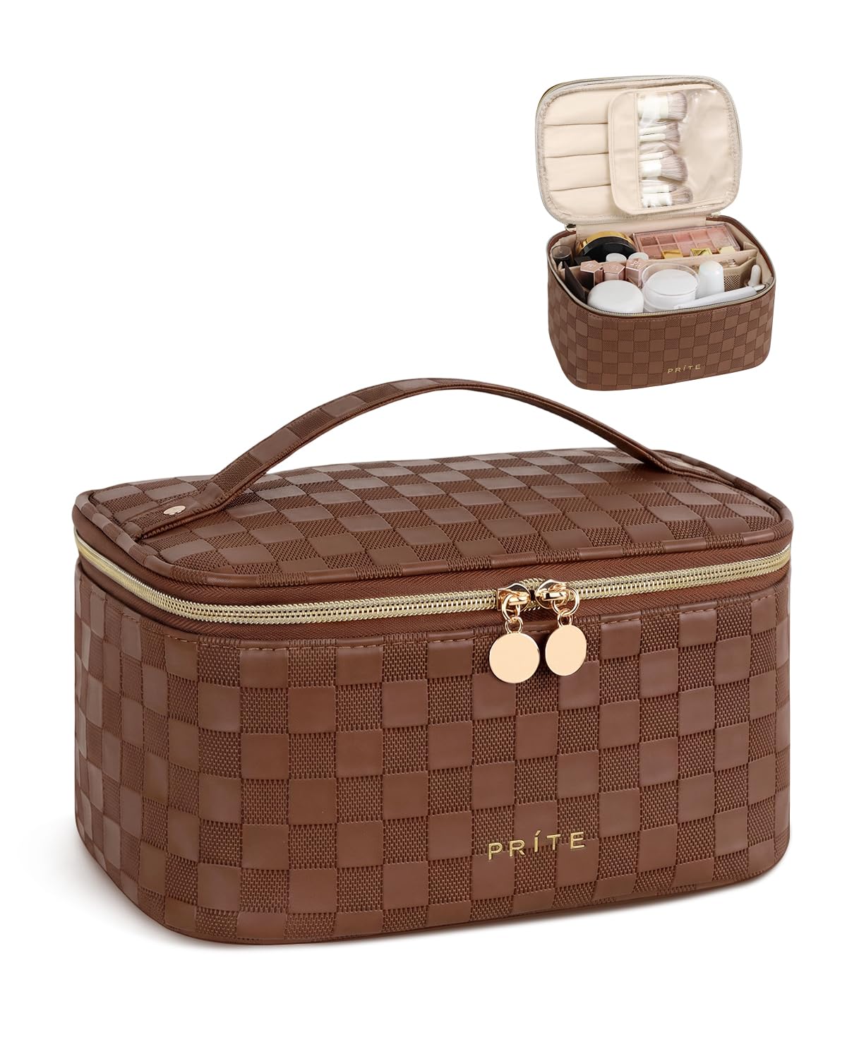 Prite Makeup Bag Travel Cosmetic Case, Women Toiletry Bag Organizer, Beige