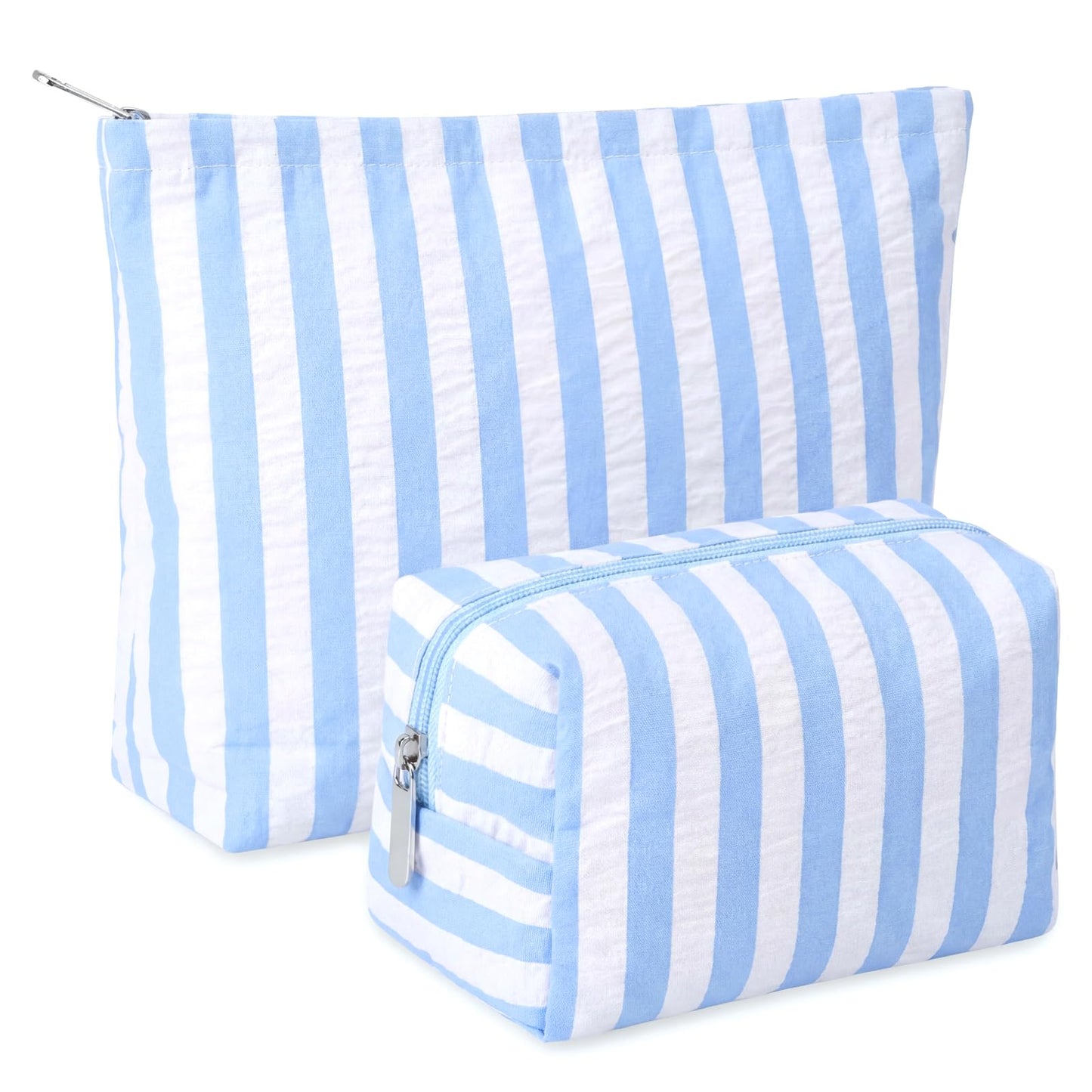 Huhumy 2 Pcs Makeup Bag Set for Women, Khaki, Thin Striped Seersucker