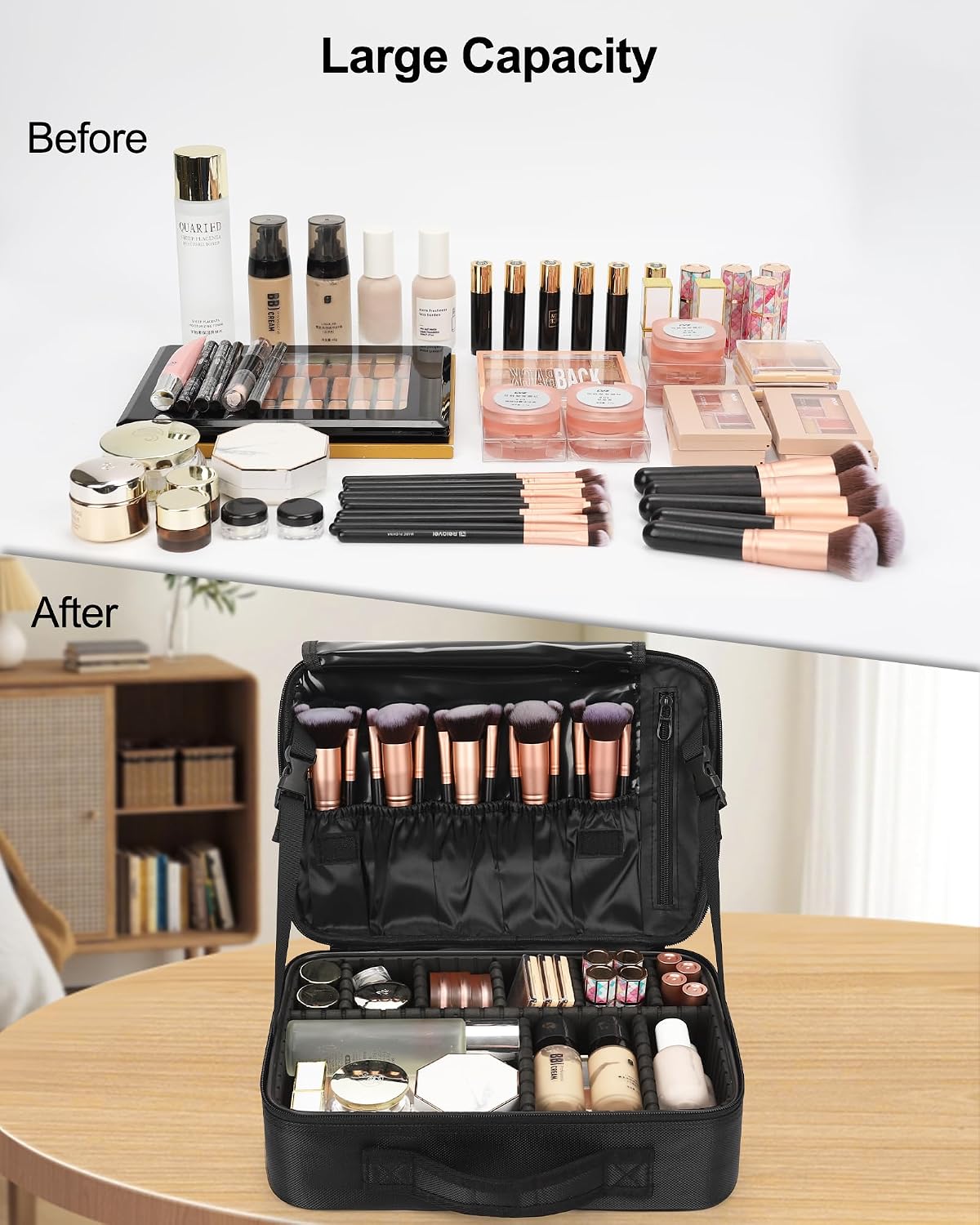 Relavel Makeup Bag Travel Train Case Cosmetic Organizer with Divider, Black