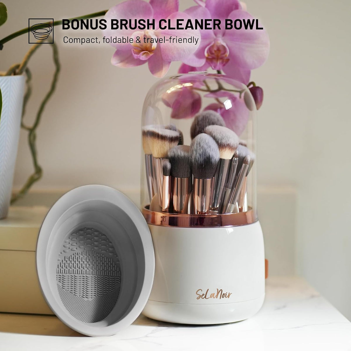Rotating Makeup Brush Holder with Lid Dustproof Vanity Organizer for Makeup Brushes, Bonus Foldable Makeup Brush Cleaner Bowl Included