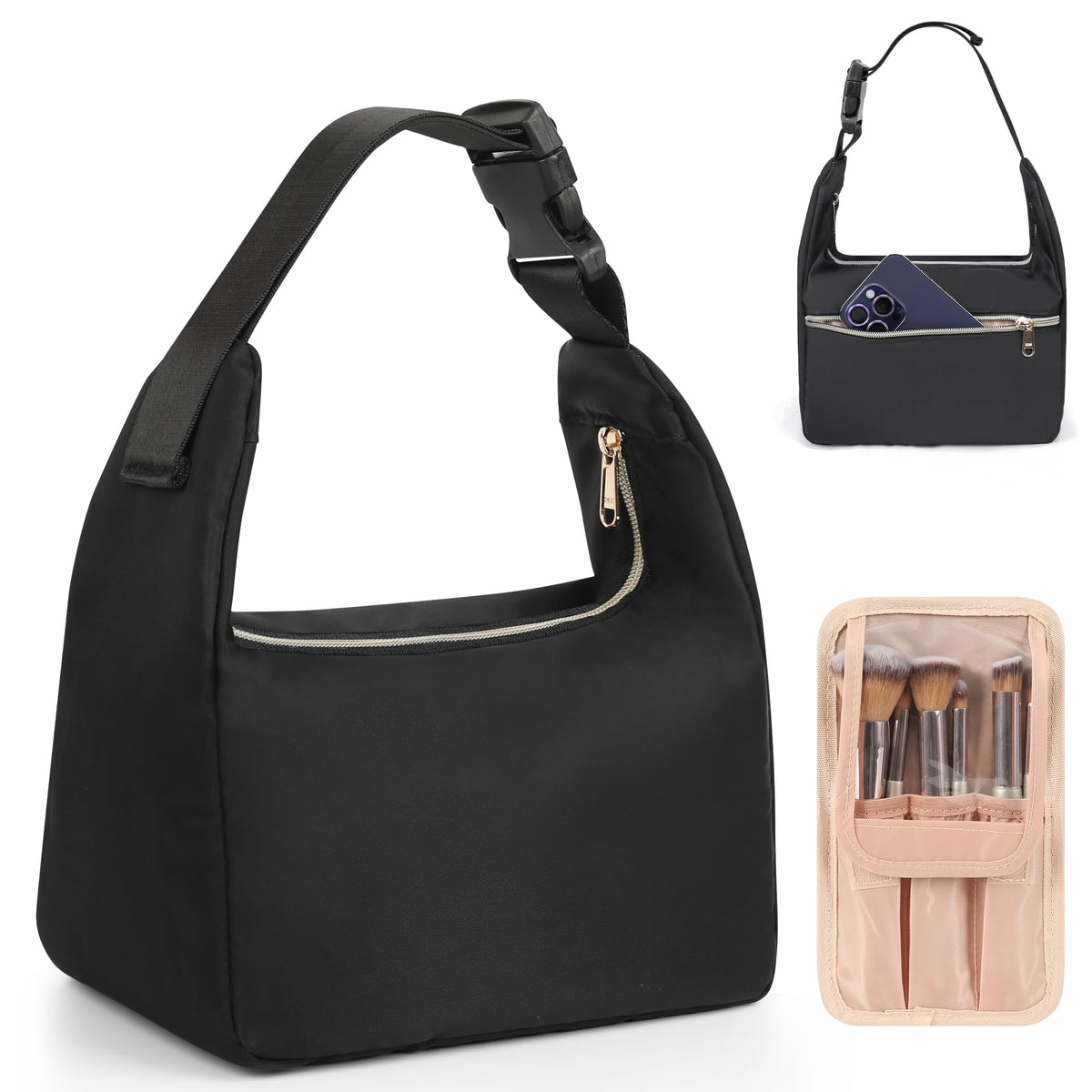 Relavel Travel Makeup Bag, Small Floral Cosmetic Bag with Makeup Brush Compartment, Portable Makeup Pouch for Women, Double Layer Makeup Organizer Bag Cute Toiletry Bag
