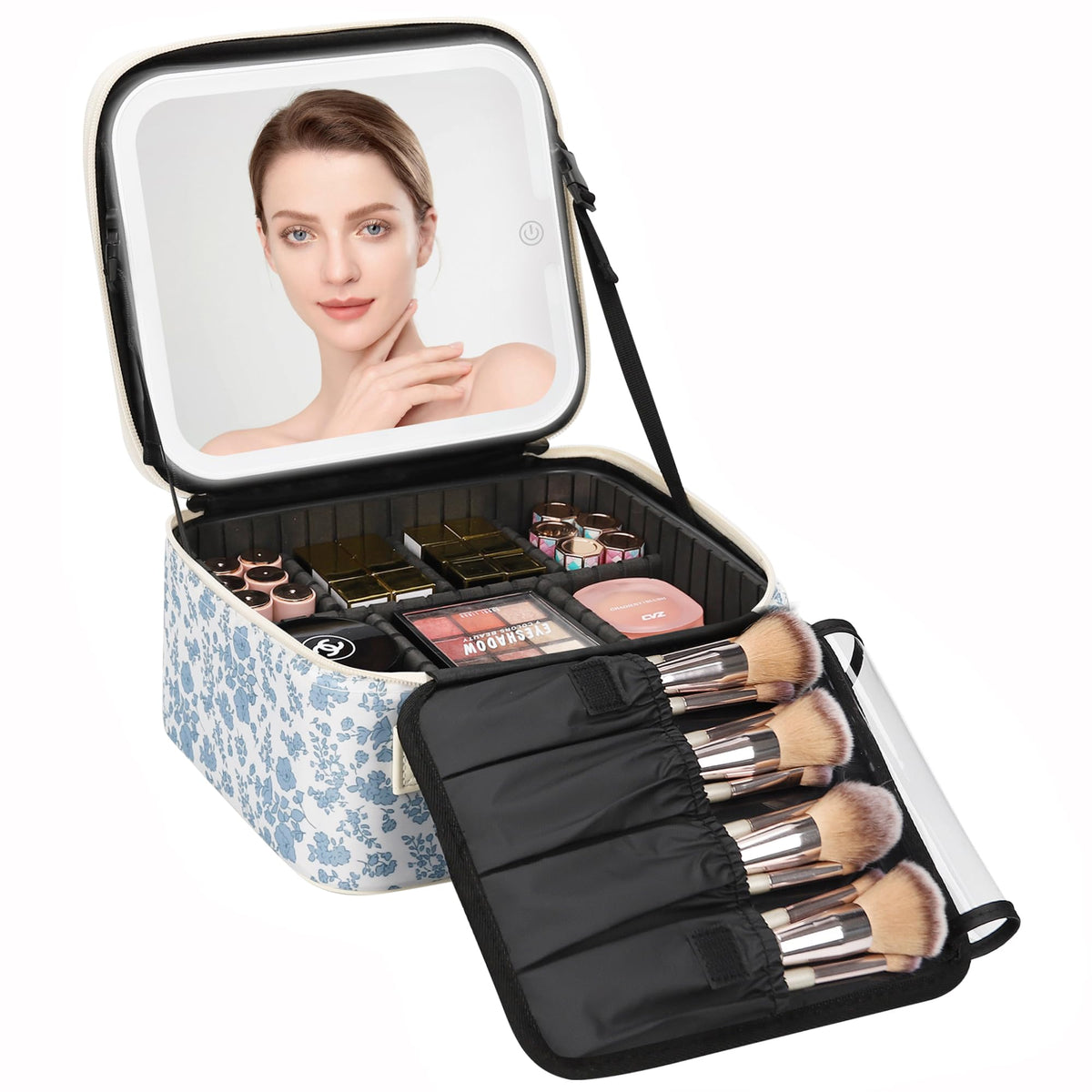 Relavel Travel Makeup Bag With LED Mirror, Cosmetic Train Case with Light up Mirror, Portable Makeup Artist Organizer Bag with Adjustable Dividers, Makeup Brush Holder Storage, Black