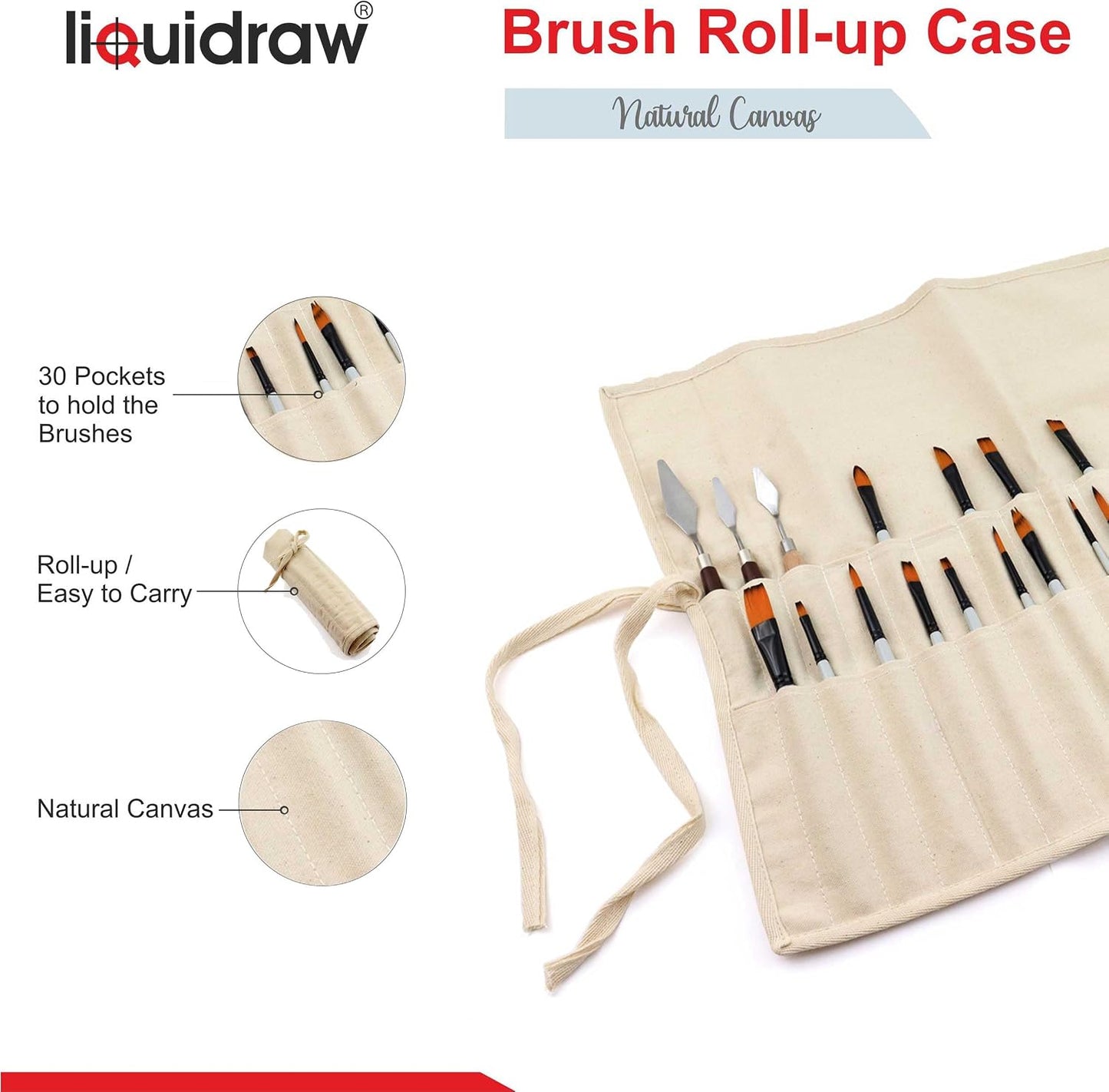 Liquidraw 30 Pocket Canvas Paint Brush Holder - Natural | 21" x 18" | Roll Up Brush Storage Pouch | Ideal Case for Paintbrush & Art Tool Storage | Easy to Carry | Also Great for Makeup Brushes