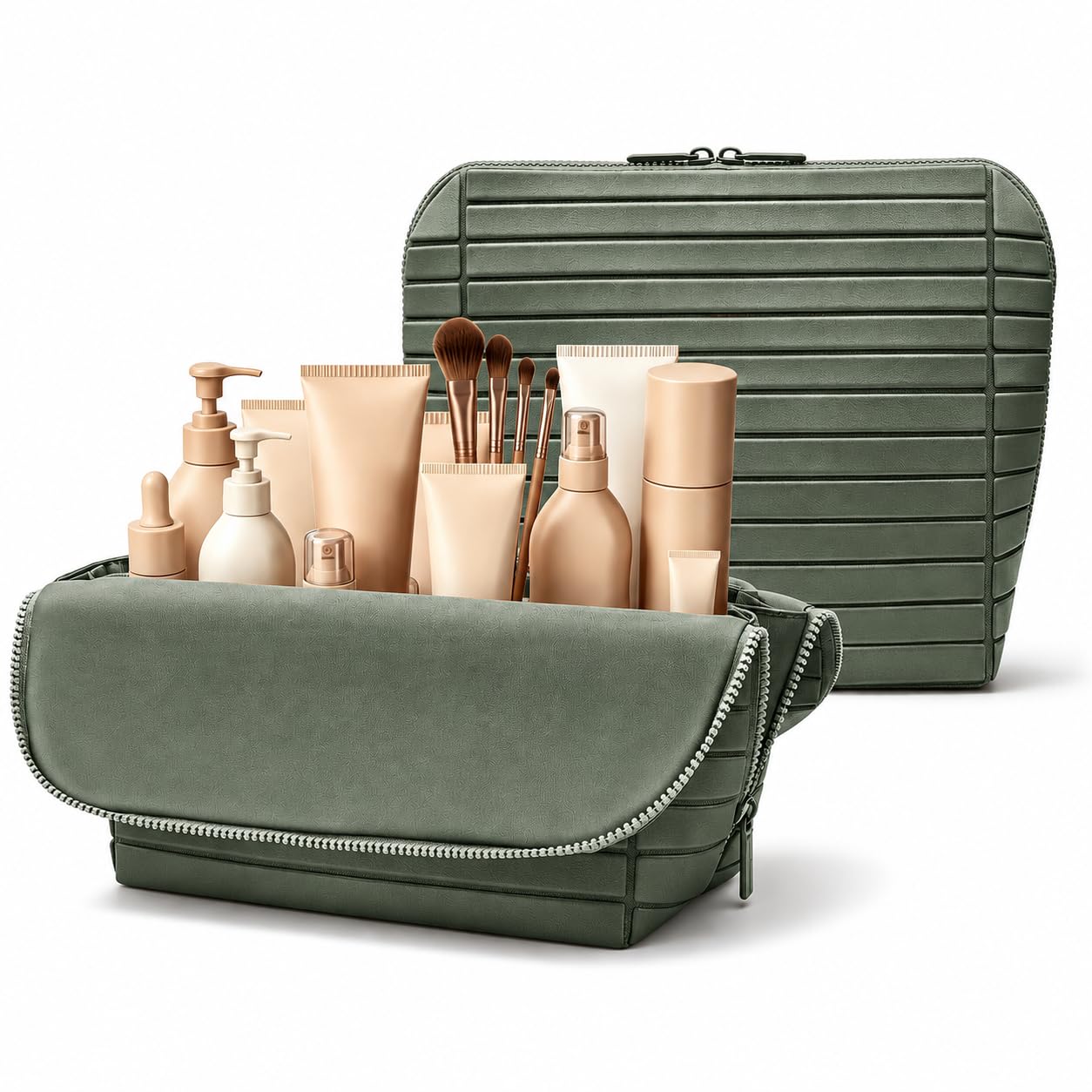Travel Makeup Organizer Bag with Fold-Down Design and Adjustable Dividers, 27 Pockets & 3 Brush Storage Holders, Large Capacity Cosmetic Bags Toiletry Case - Brown