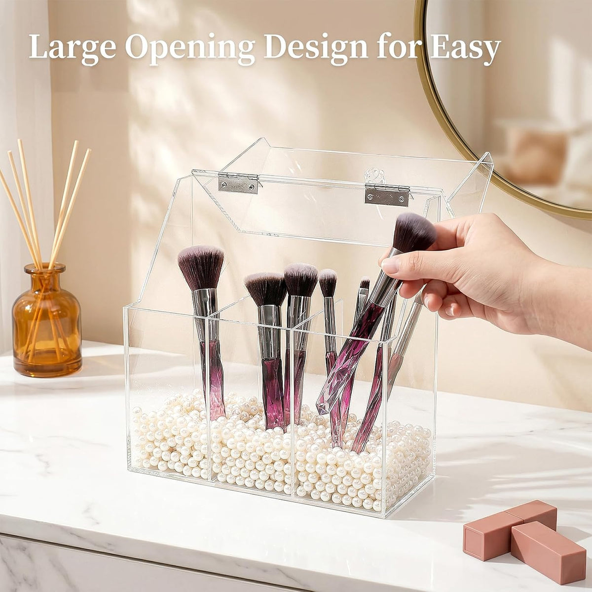 Okllen Makeup Brush Holder with Dustproof Lid, White Pearls, Acrylic Clear Makeup Brush Organizer with 3 Compartment, Large Cosmetic Brush Storage Box Case for Vanity, Bathroom, Bedroom