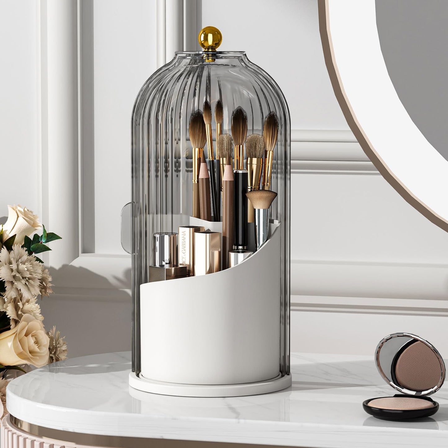 YOOLENS Makeup Brush Holder with Lid 360 Rotating Clear Dustproof Make Up Organizers for Vanity Bathroom Countertop, Transparent