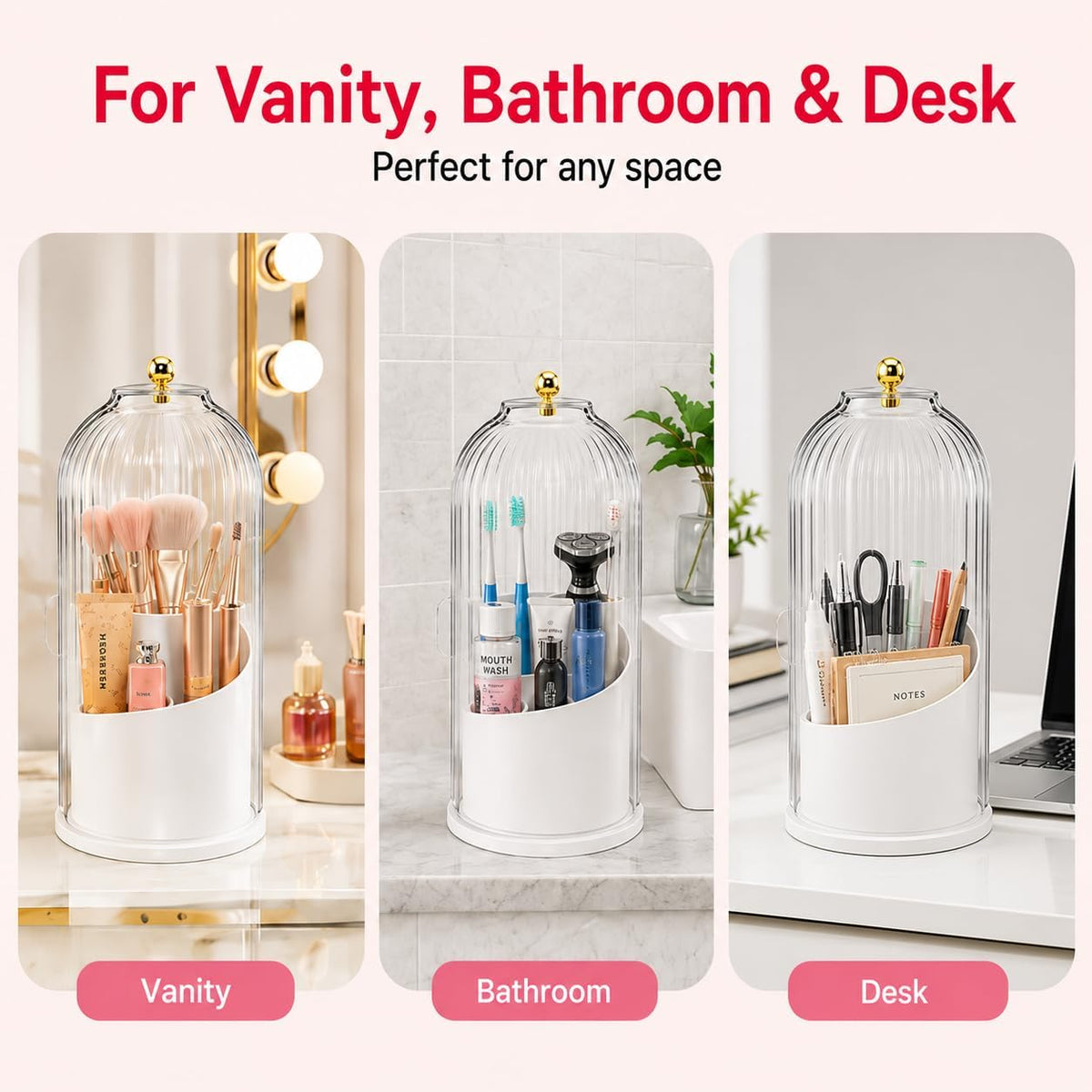 Makeup Brush Holder with 360° Rotating Base, Dustproof Cover