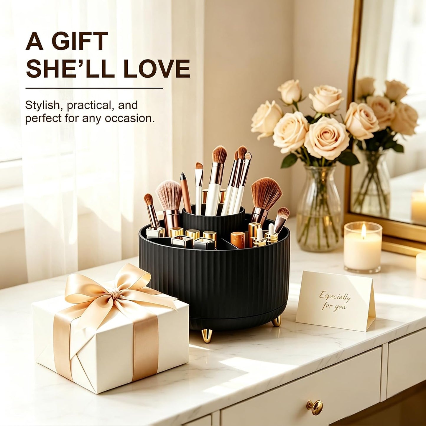 360° Rotating Makeup Brush Holder Organizer, Black