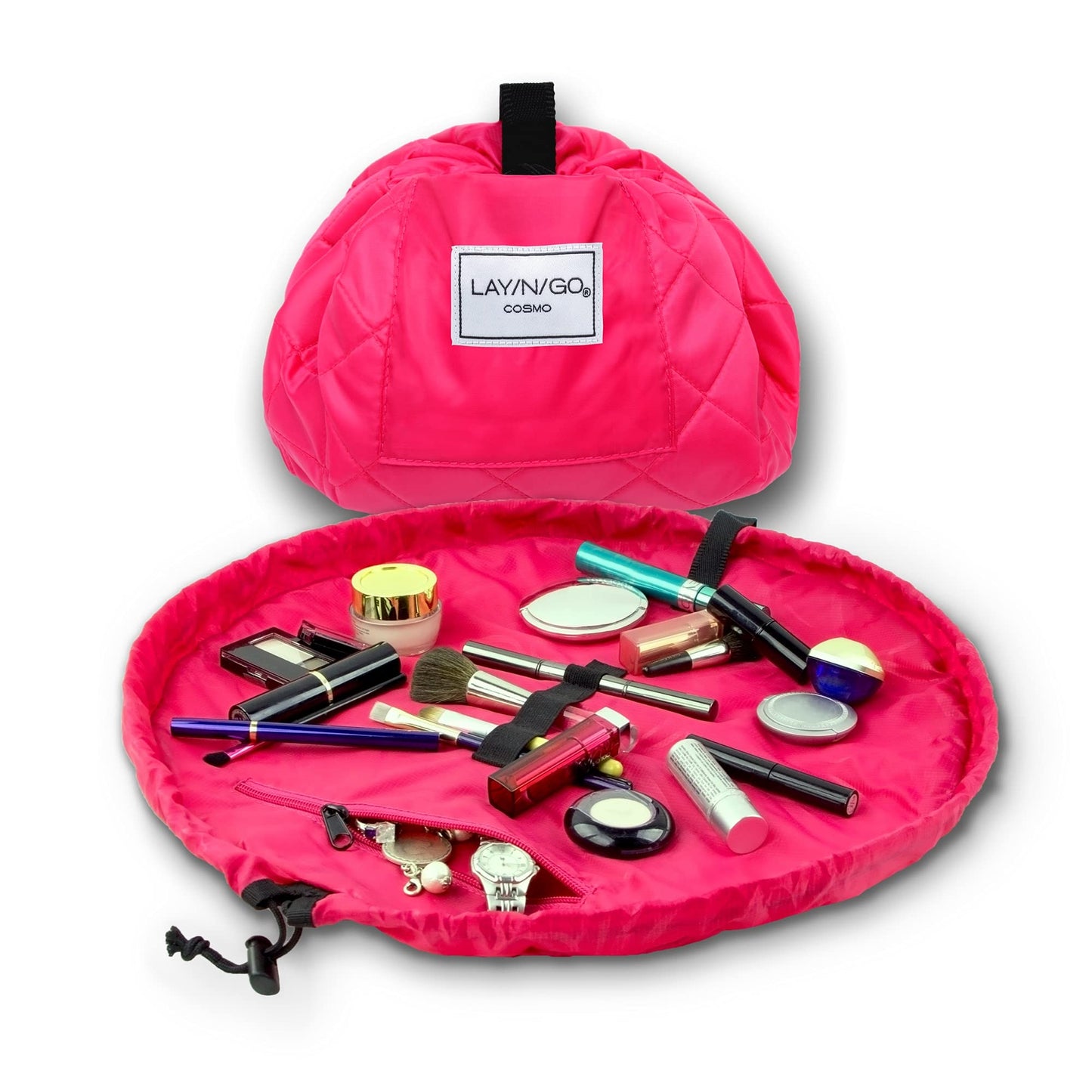 Lay-n-Go Cosmo Layflat Drawstring Cosmetic & Makeup Bag Organizer w/Zipper Pocket, Brush Loops & More, Cinch to Close, Lay Flat to Use, Durable, Machine Wash, Travel Toiletry Bag (20", Dogs)