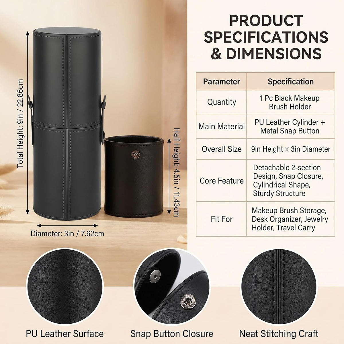erioctry Black Makeup Brush Case Holder Portable PU Leather Cosmetic Brush Organizer & Storage Roll-up Case for Travel 23 x 8 cm with Snap Closure