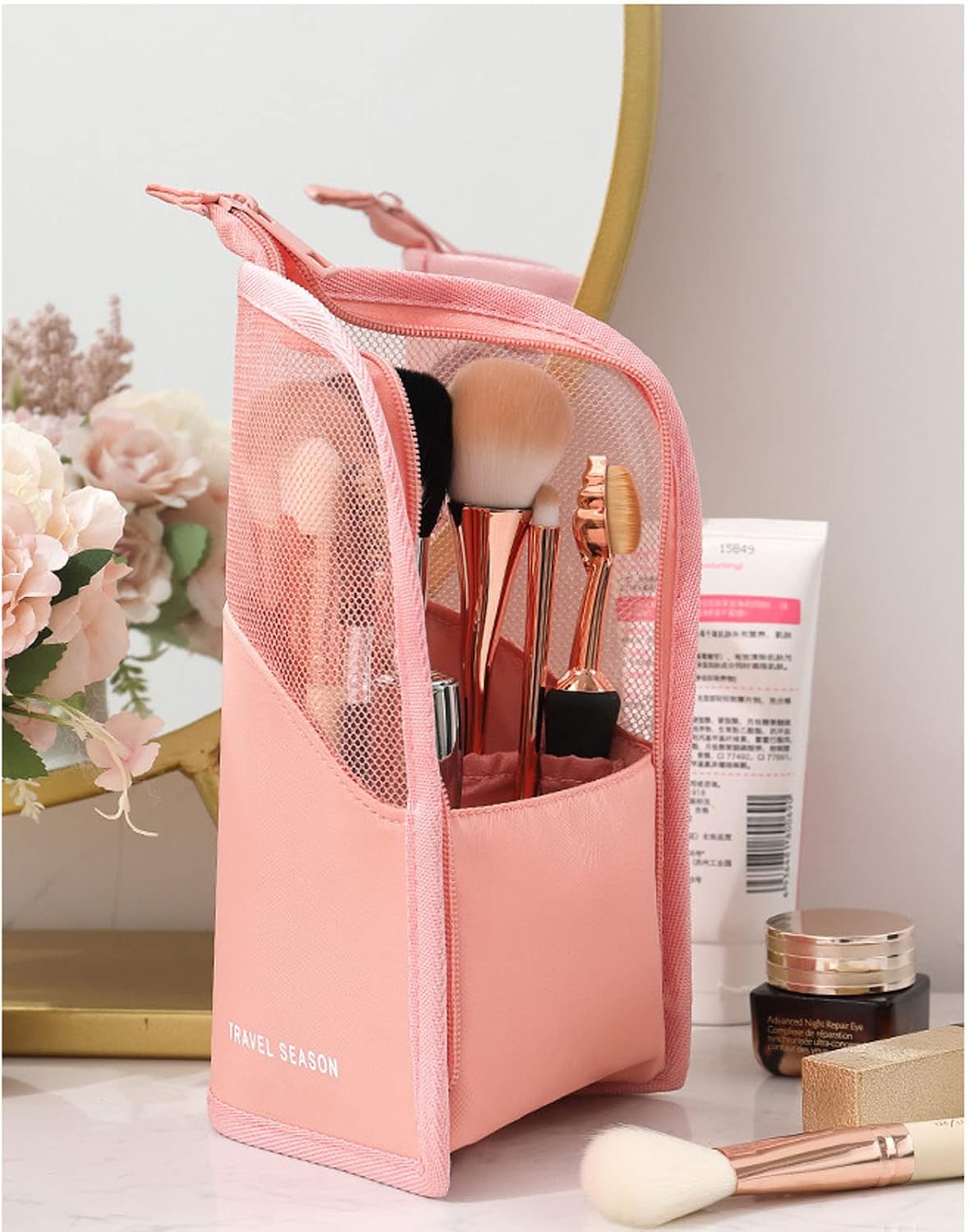 Makeup Brush Travel Case Stand Up, High Capacity Makeup Organizer Portable Travel Makeup Brush Holder (Pink)