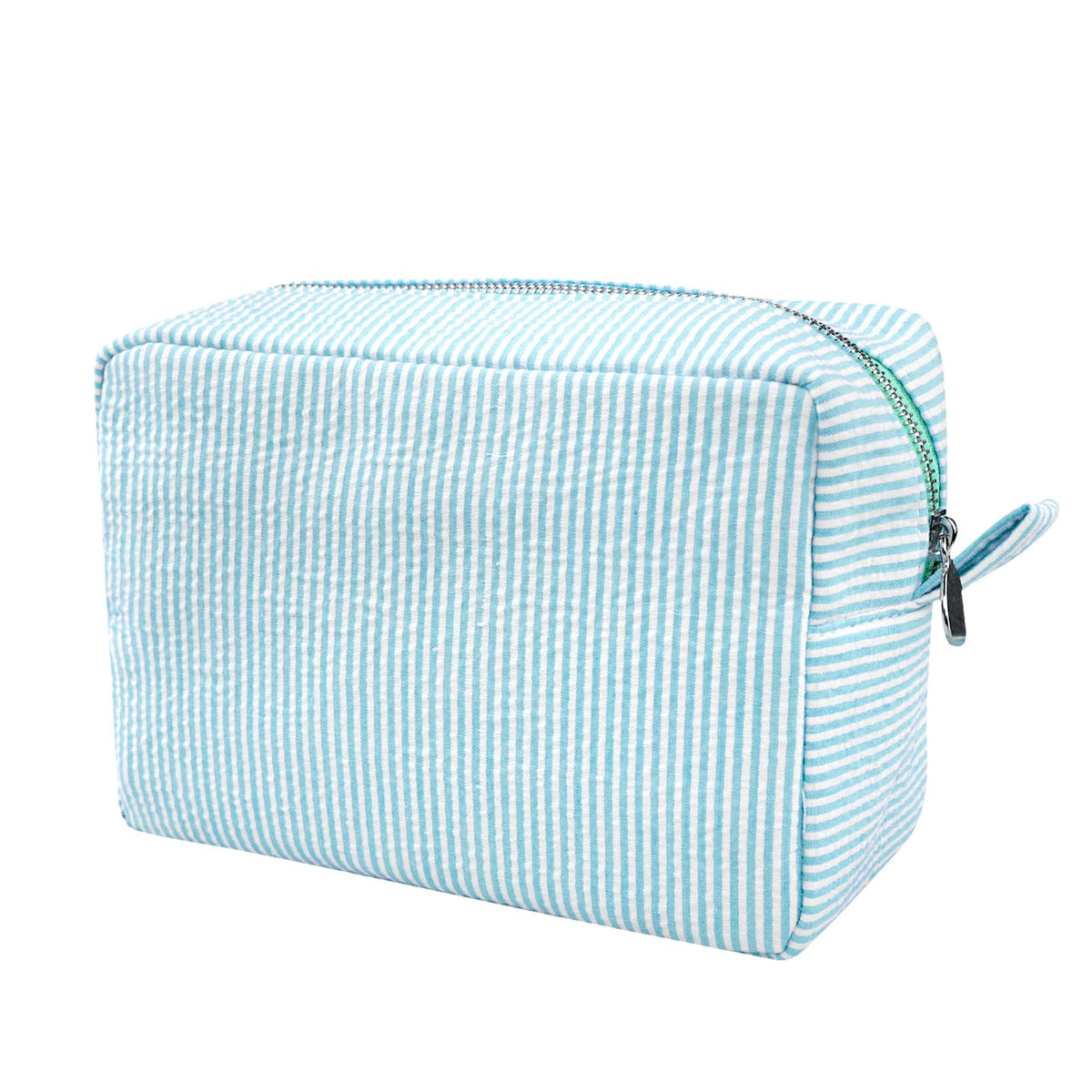 GFU Makeup Bag for Women, Cute Cosmetic Bag, Lightweight Toiletry Make up Bag, Large Seersucker Aesthetic Organizer Storage Pouch for Girls, Women and Moms Gifts, Blue