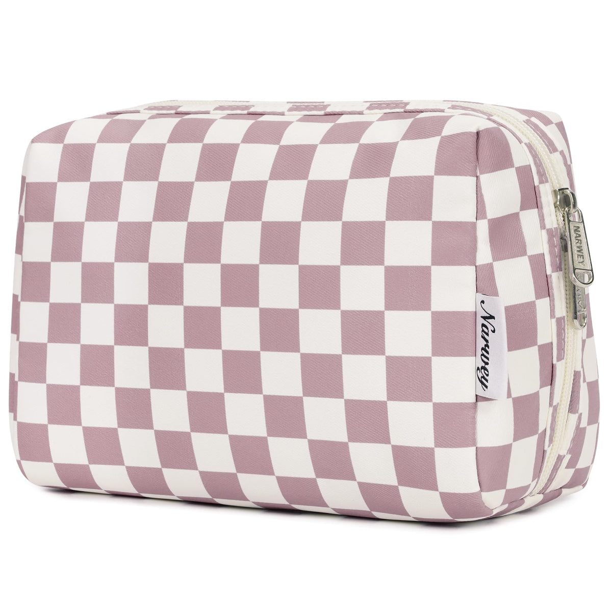 Narwey Checkered Makeup Bag Travel Cosmetic Bag Organizer Toiletry Bag Make Up Bags with Compartments for Women Girls (Large, Light Checkerboard)