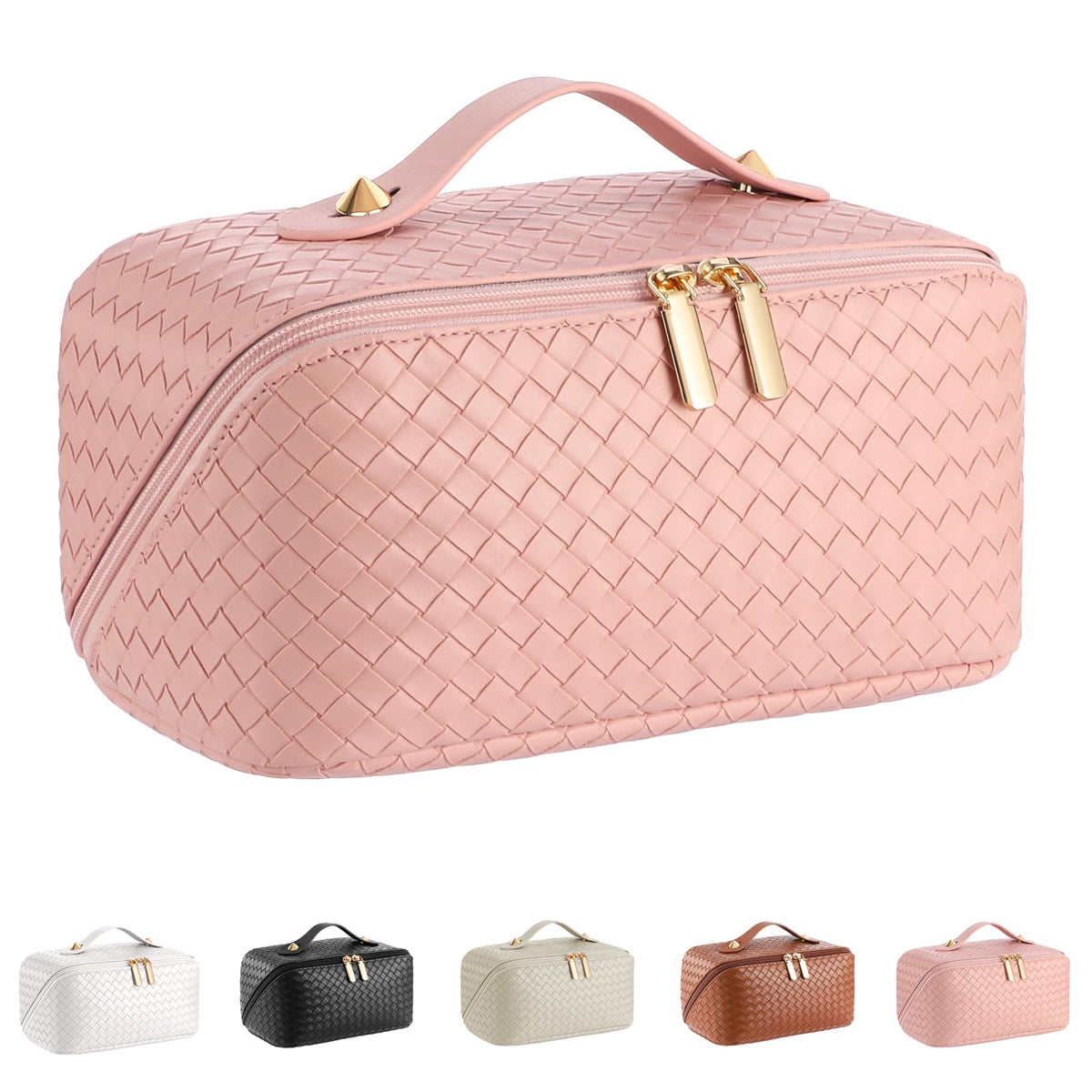 ALEXTINA Travel Makeup Bag, Large Capacity Cosmetic Bag for Women, Open Flat Make up Bag, Waterproof PU Leather Checkered Makeup Organizer Bag with Collapsible Handle,Toiletry Bag for Cosmetics, White