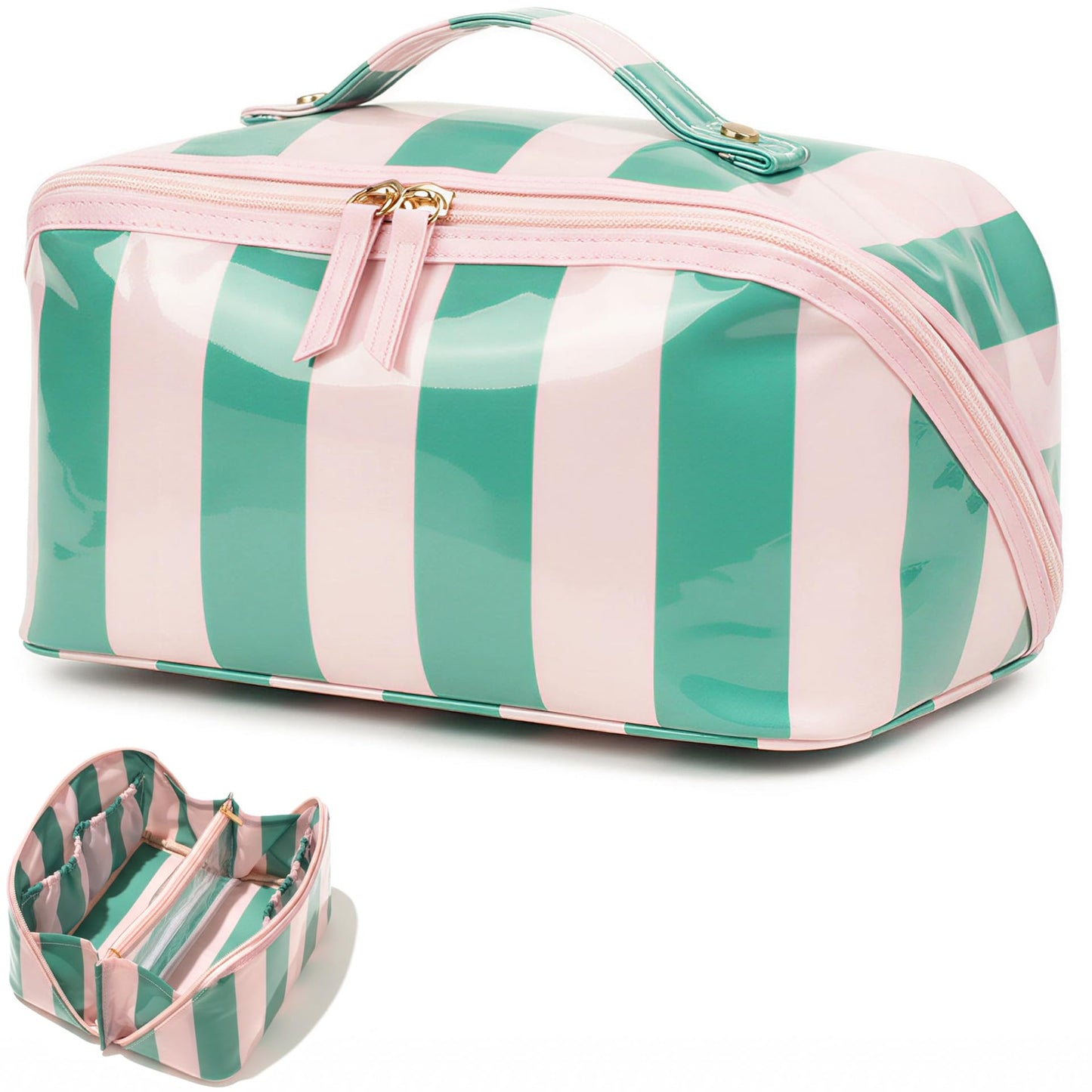 Preppy Stripe Clear Travel Makeup Bag, Waterproof Glossy PVC Cosmetic Organizer with Handle, Large Capacity Toiletry Bag for Women,Travel Organizer Zipper Pouch Beach Vacation Essentials (Pink White)