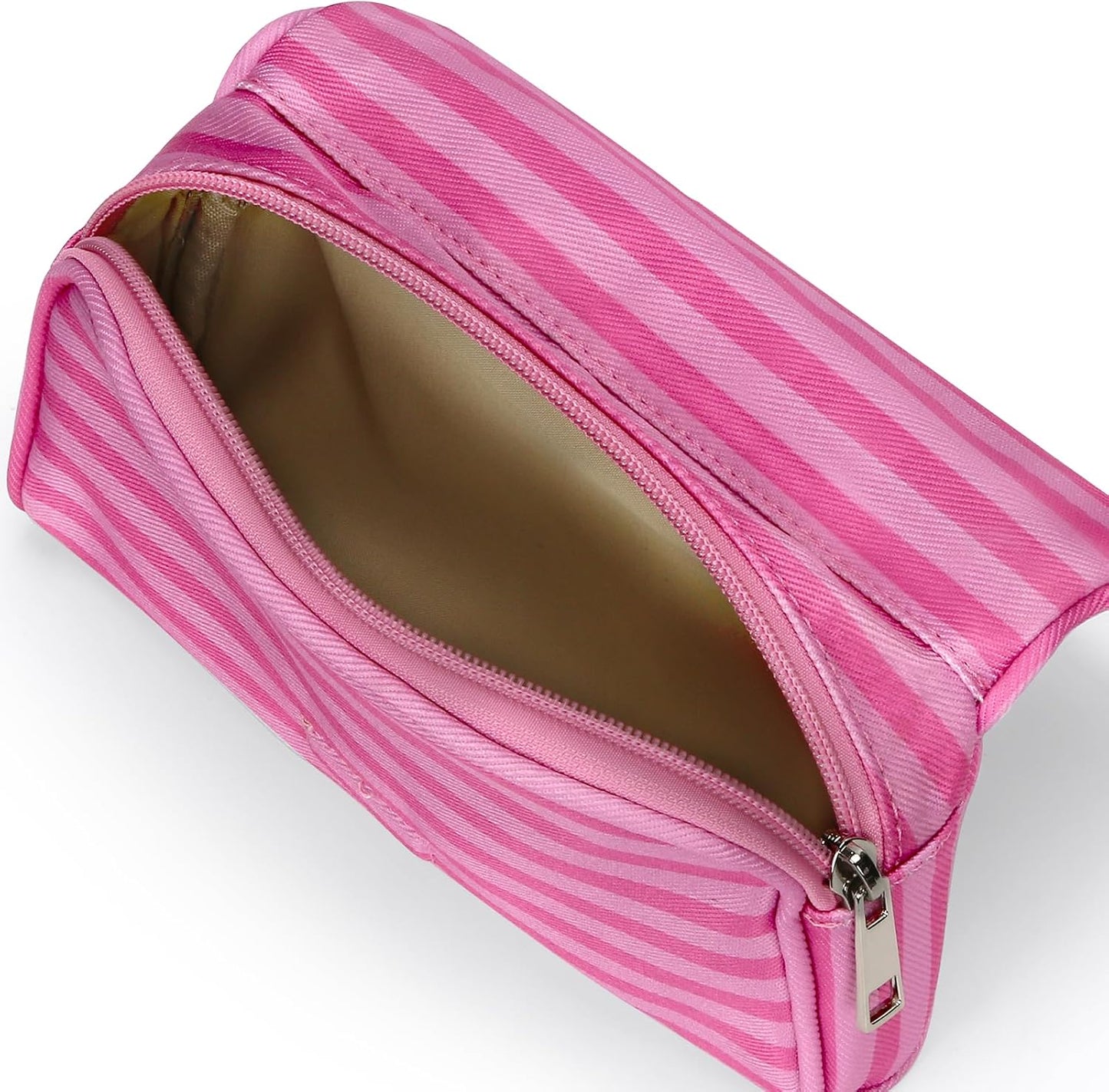 Women’s Cute Nylon Makeup Bag with Built-in Mirror, Protable Lightweight Cosmetic Bag, Trendy Toiletry Bag for Travel (Pink Stripe)