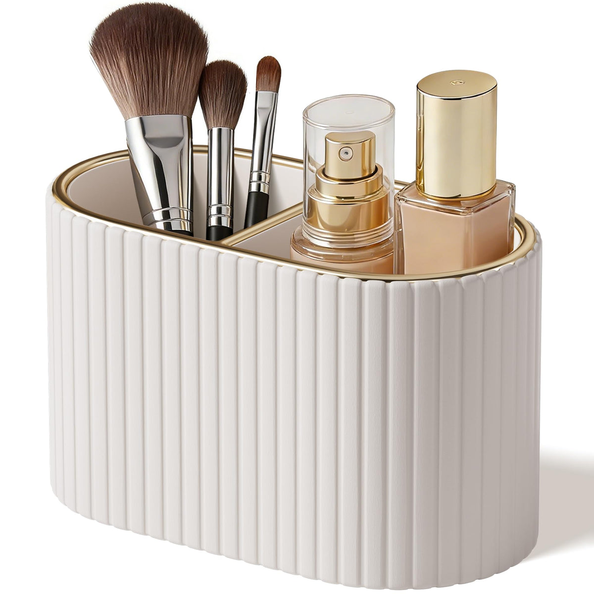 KINGFOM Makeup Brush Holder Organizer with Divider, PU Leather Vanity Brush Holder for Bathroom Countertop & Dressing Table, Cosmetic Desktop Storage Caddy for Makeup Tools Oval, Gift for Women Beige