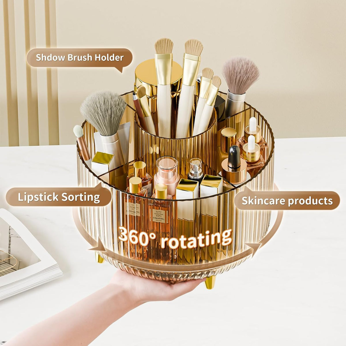 fanado 360° Rotate Makeup Brush Holder Organizer, Makeup Organizers Countertop, Makeup organization and Skincare Storage for Vanity, Desktop, Bathroom (Clear Amber)