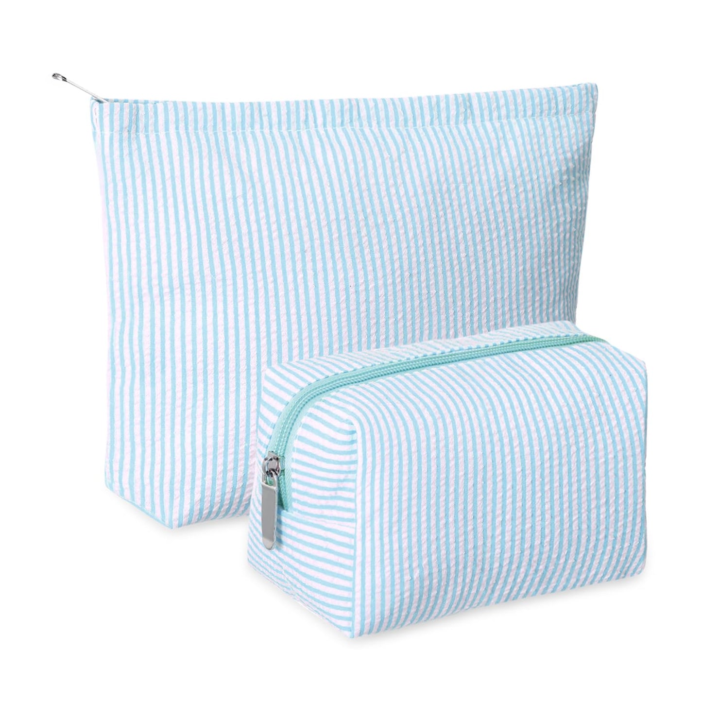 Huhumy 2 Pcs Makeup Bag Set for Women, Khaki, Thin Striped Seersucker