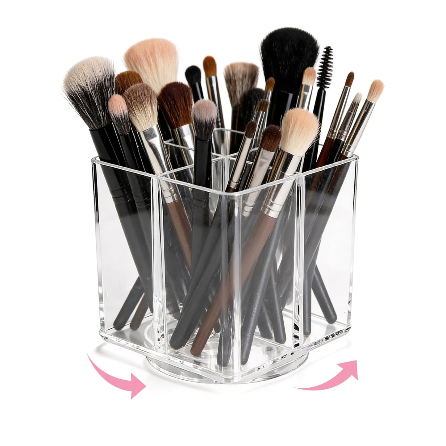 Acrylic Makeup Brush Holder, Clear Rotating Makeup Brush Holder Organizer with 4 Slots, Square Makeup Brush Cup for Vanity Desk Countertop Bathroom
