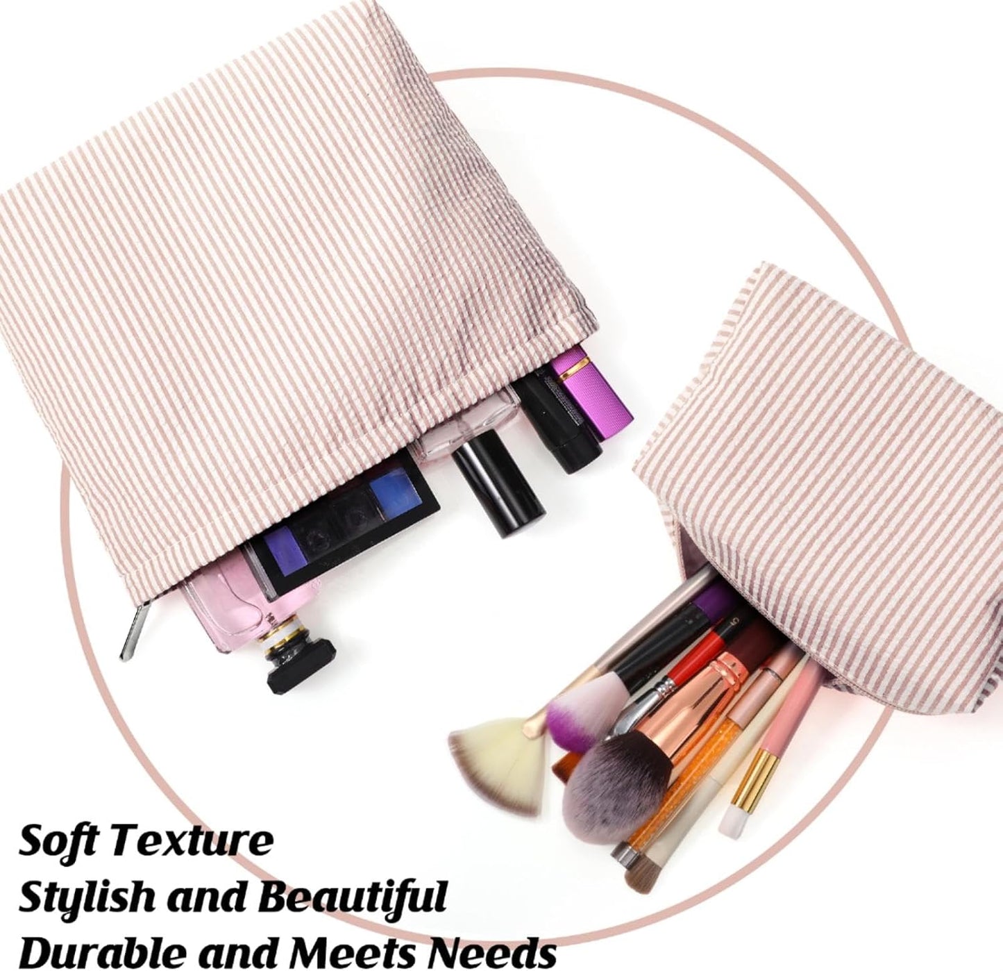 Huhumy 2 Pcs Makeup Bag Set for Women, Khaki, Thin Striped Seersucker