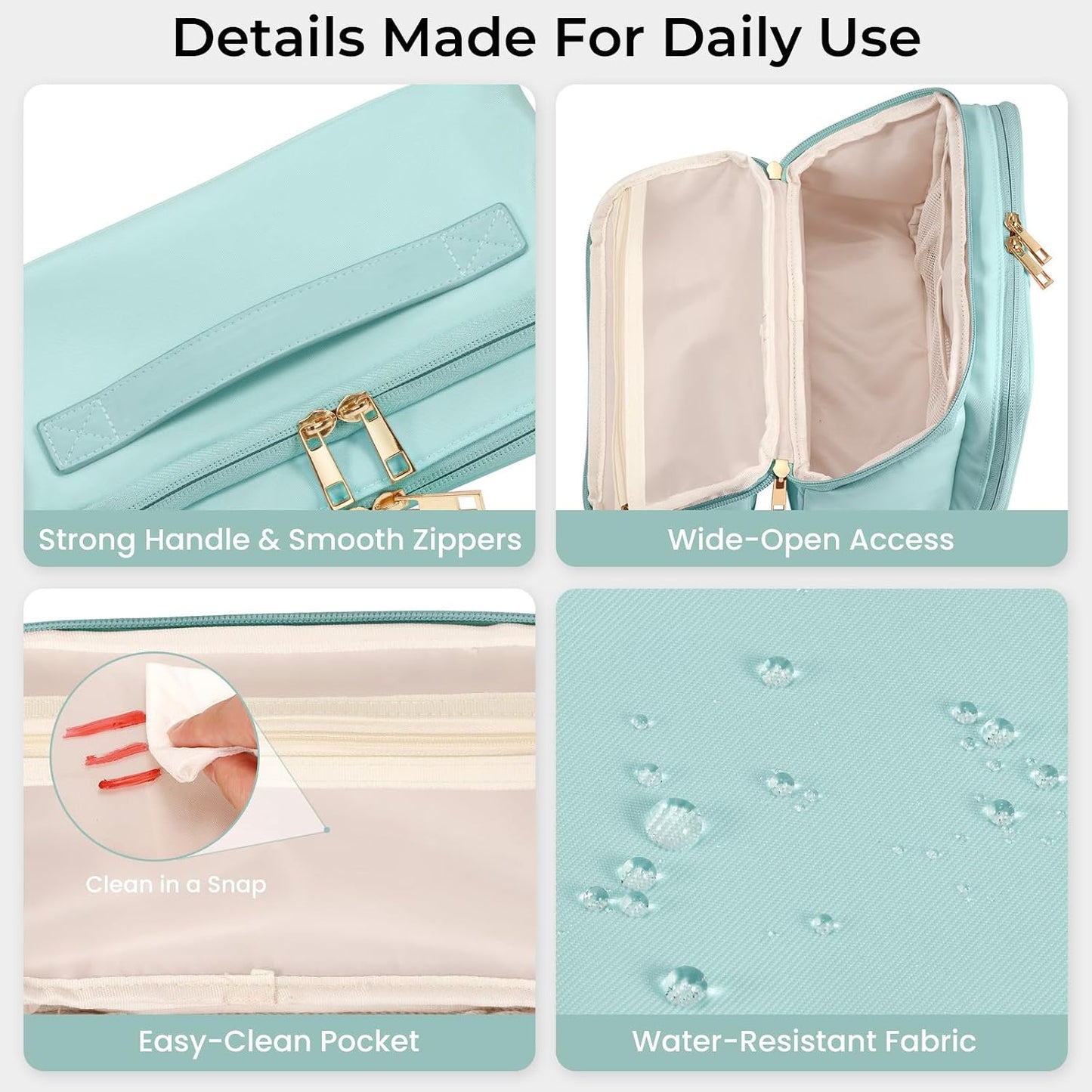 HauteHues Travel Makeup Bag for Women, Large Capacity Cosmetic Organizer & Toiletry Bag with Wide-Open Design, with Brush Holders & Compartments, Waterproof Case for Makeup & Skincare, Blue