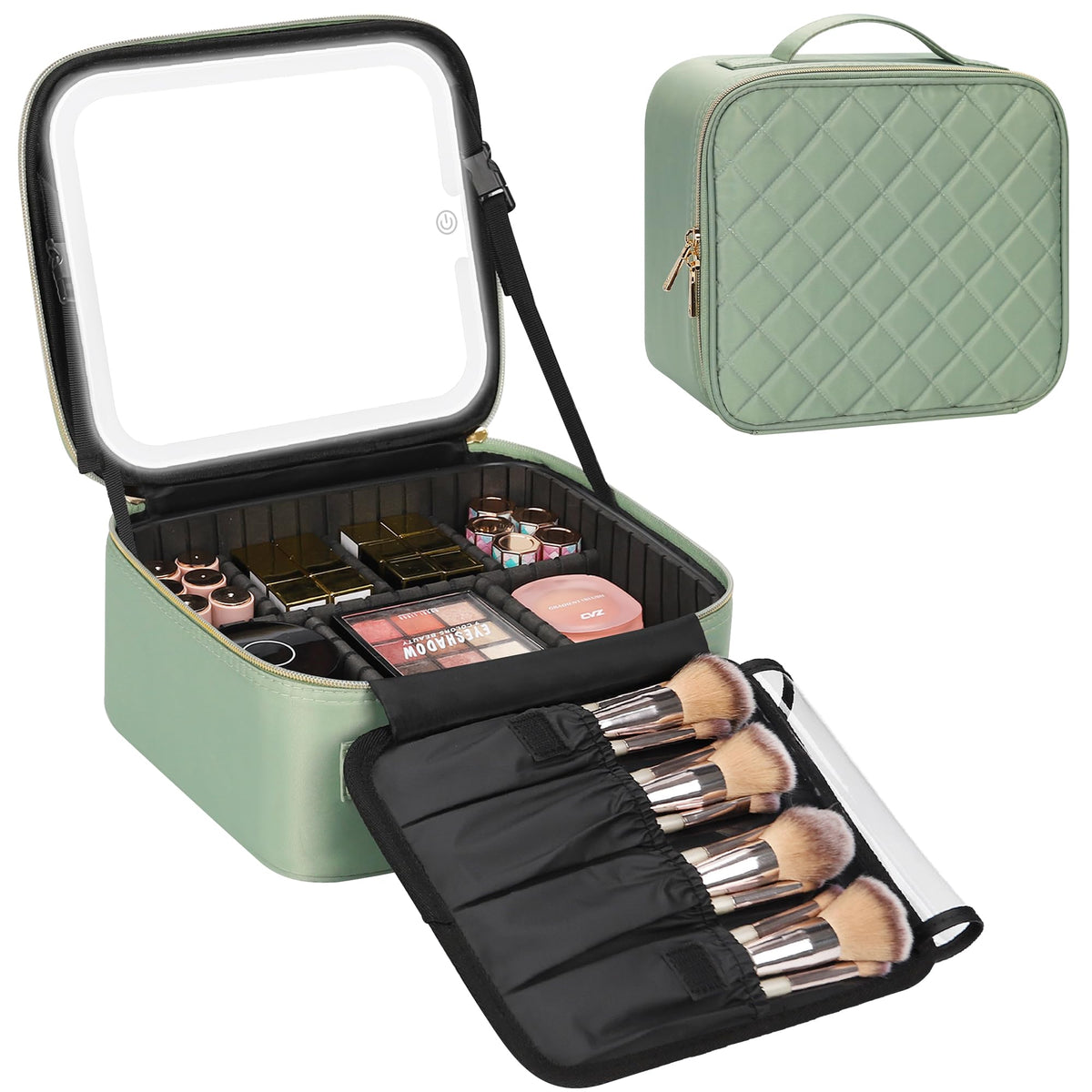 Relavel Travel Makeup Bag With LED Mirror, Cosmetic Train Case with Light up Mirror, Portable Makeup Artist Organizer Bag with Adjustable Dividers, Makeup Brush Holder Storage, Black