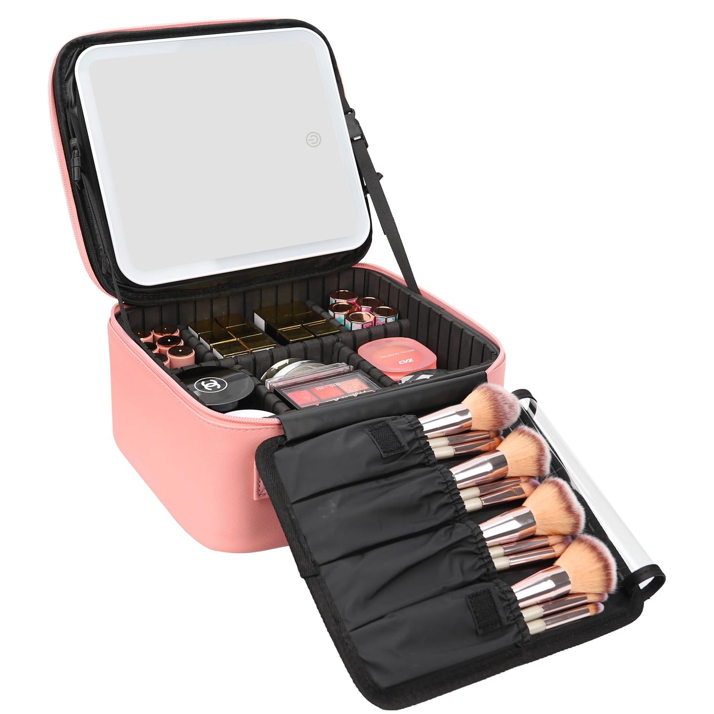Relavel Travel Makeup Bag With LED Mirror, Cosmetic Train Case with Light up Mirror, Portable Makeup Artist Organizer Bag with Adjustable Dividers, Makeup Brush Holder Storage, Black