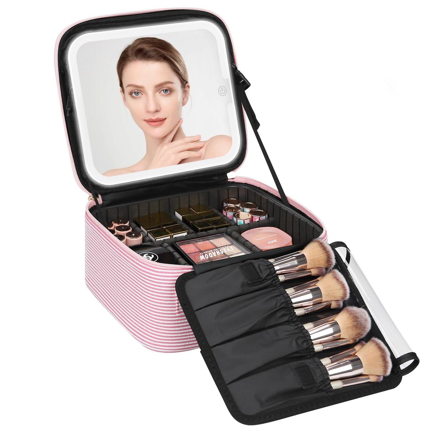 Relavel Travel Makeup Bag With LED Mirror, Cosmetic Train Case with Light up Mirror, Portable Makeup Artist Organizer Bag with Adjustable Dividers, Makeup Brush Holder Storage, Black