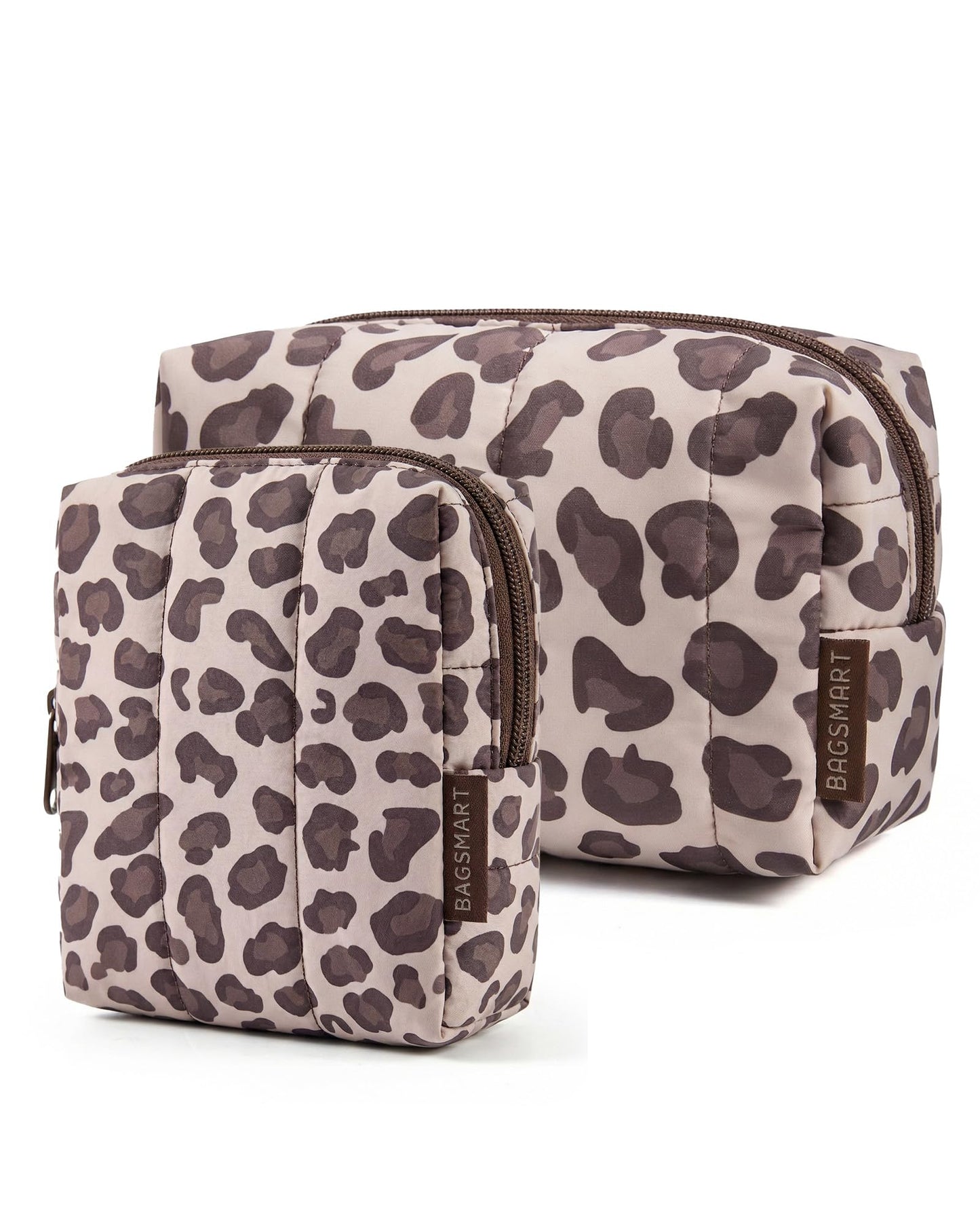 BAGSMART Puffy Travel Makeup Bag Duo Large & Small for Women, Leopard