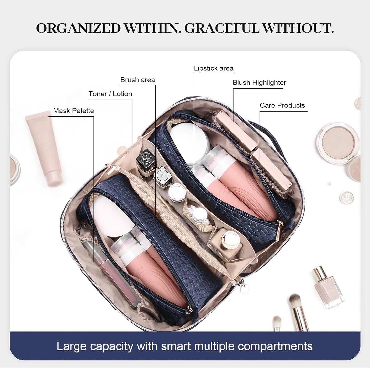 Travel Makeup Bag for Women: 3 Pcs Set Vagen Leather Cosmetic Bag