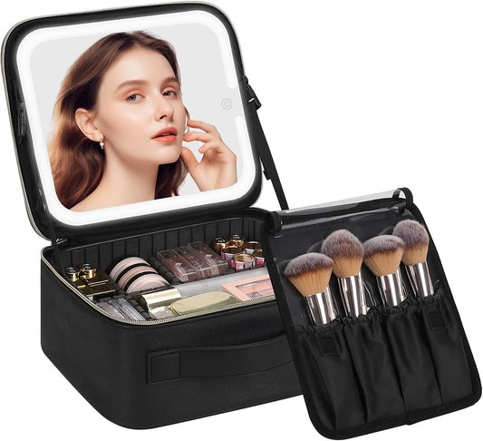 Chomeiu Makeup Bag with LED Mirror, Cosmetic Travel Bag for Women, Black