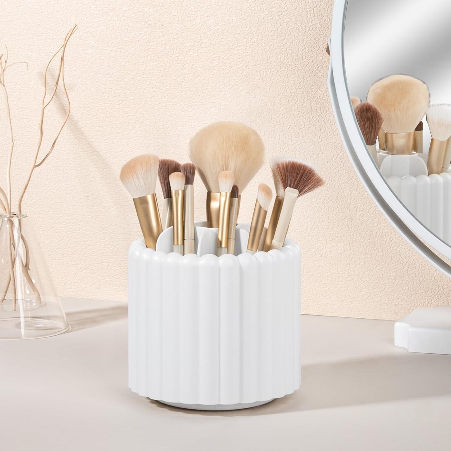 Rotating Makeup Brush Holder Organizer with Removable Dividers, White