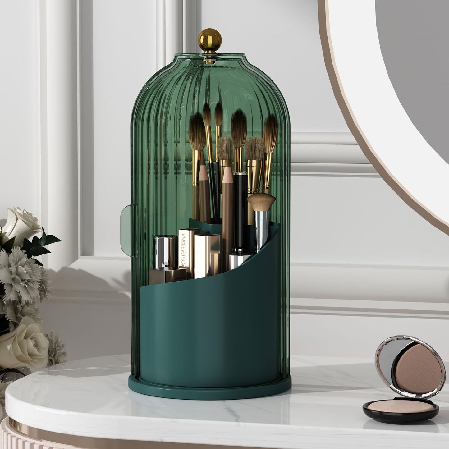 YOOLENS Makeup Brush Holder with Lid 360 Rotating Clear Dustproof Make Up Organizers for Vanity Bathroom Countertop, Transparent