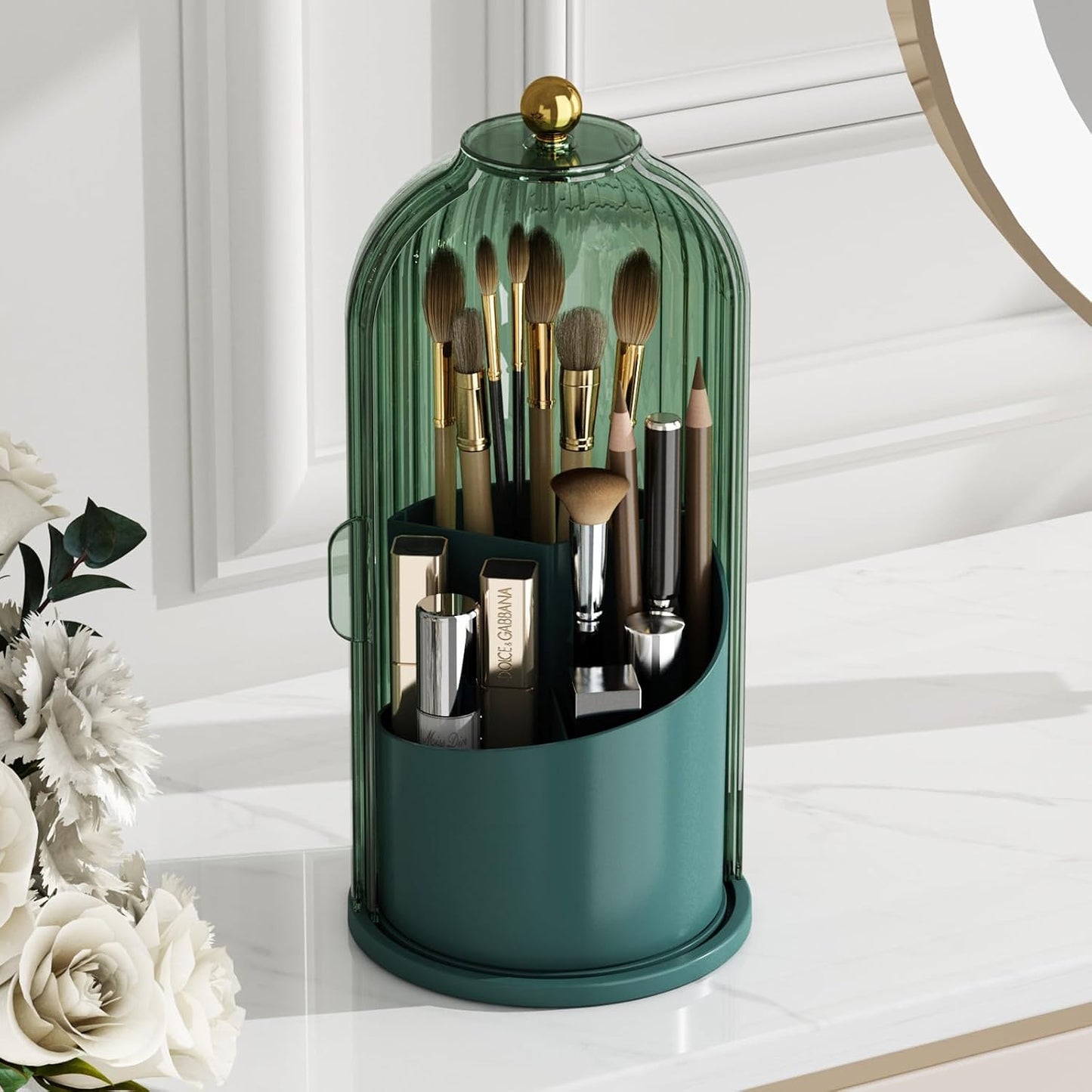 GAXmi Makeup Brush Holder with Lid Rotating Cosmetic Organizer, All Green