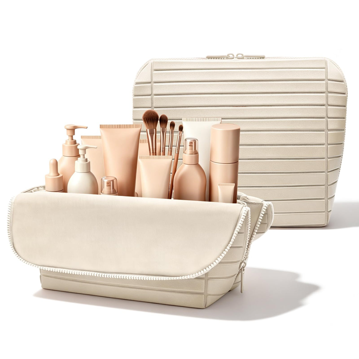 Travel Makeup Organizer Bag with Fold-Down Design and Adjustable Dividers, 27 Pockets & 3 Brush Storage Holders, Large Capacity Cosmetic Bags Toiletry Case - Brown